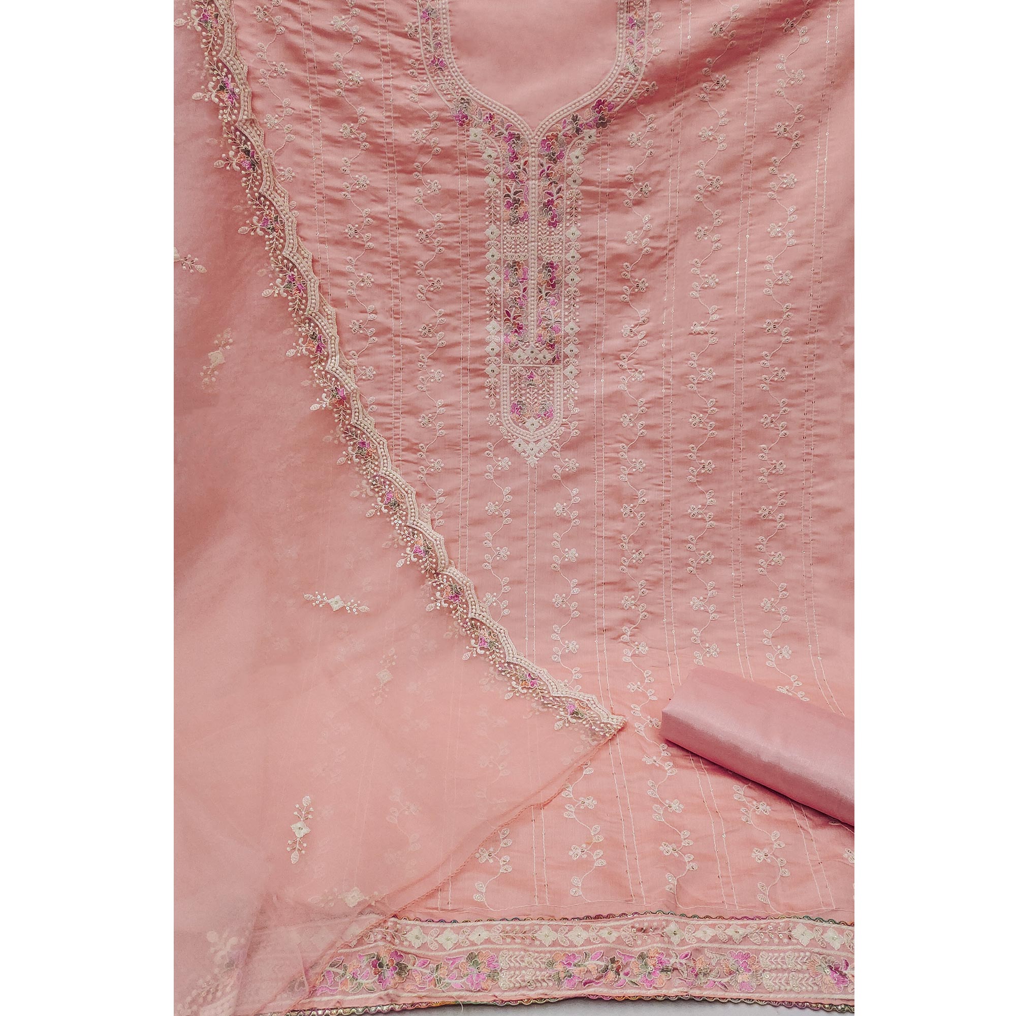 Peach Embroidered Pure Cotton Dress Material