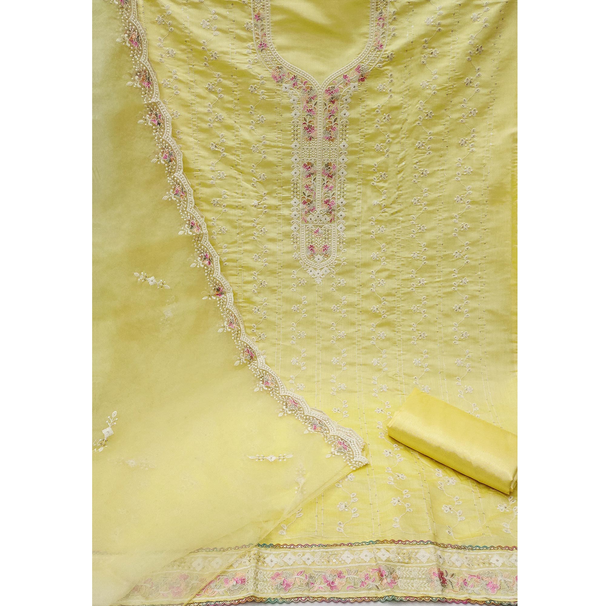 Yellow Embroidered Pure Cotton Dress Material