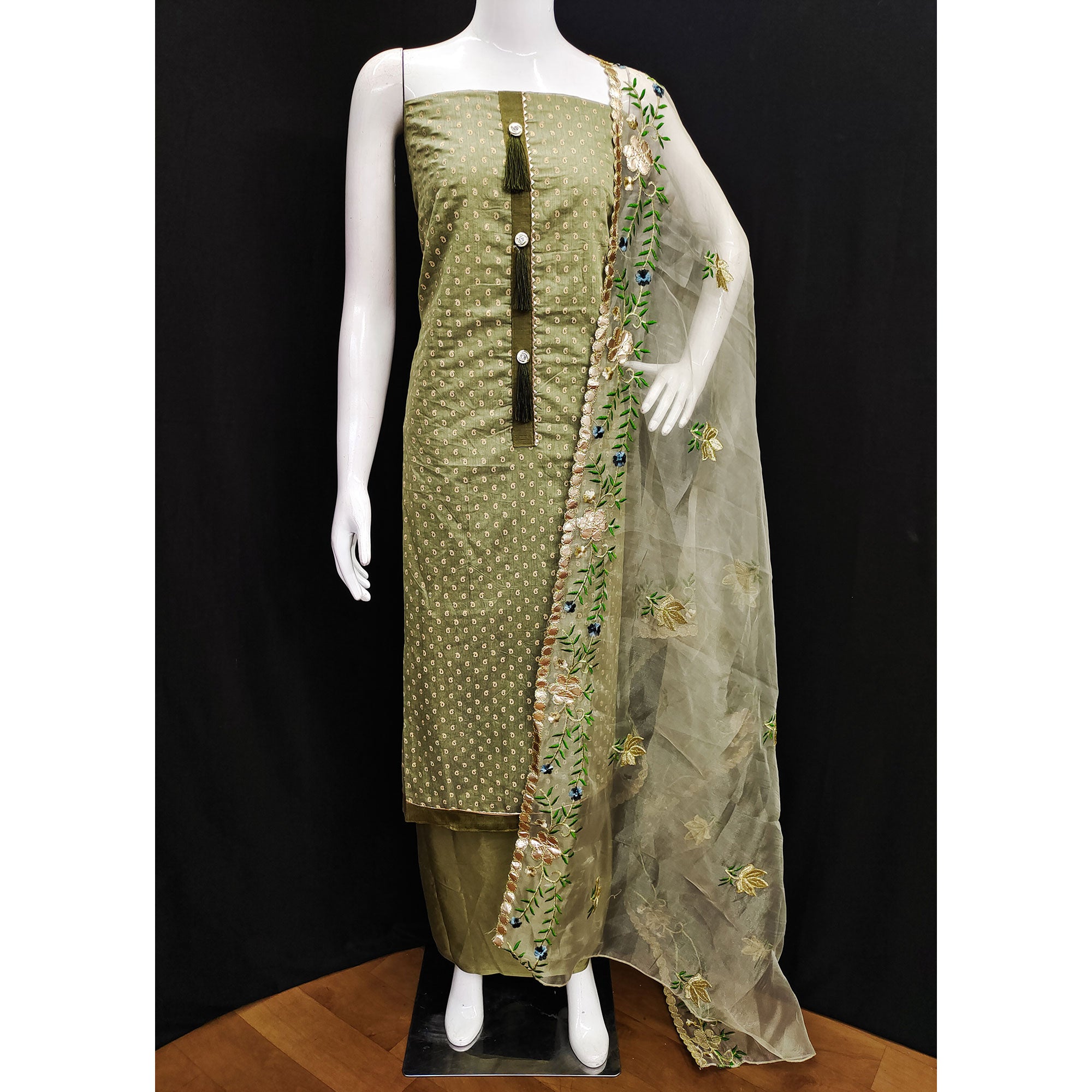 Green Printed Chanderi Dress Material