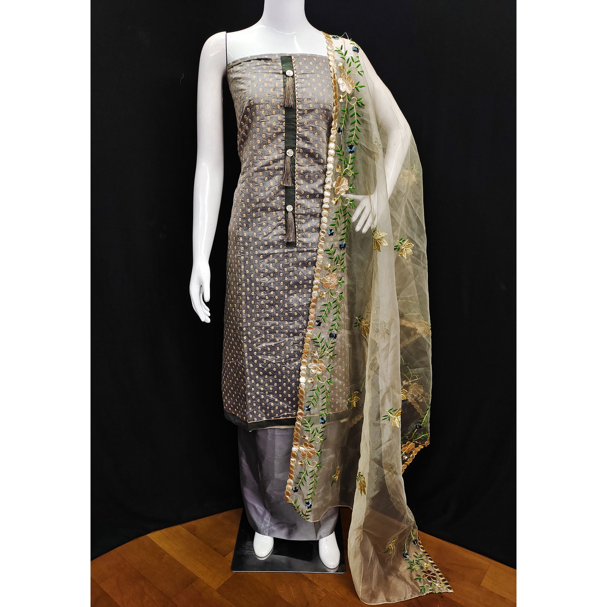 Grey Printed Chanderi Dress Material