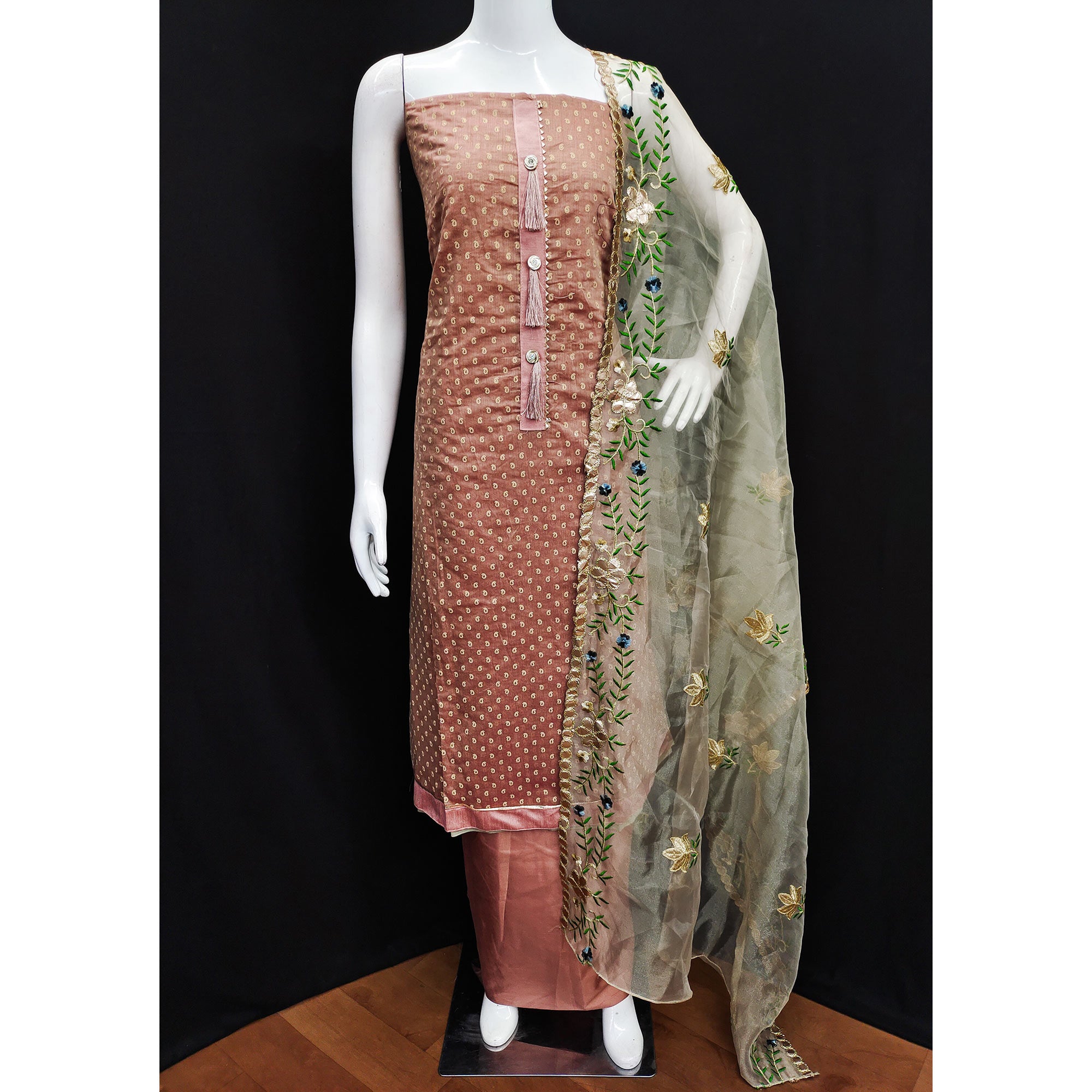 Peach Printed Chanderi Dress Material