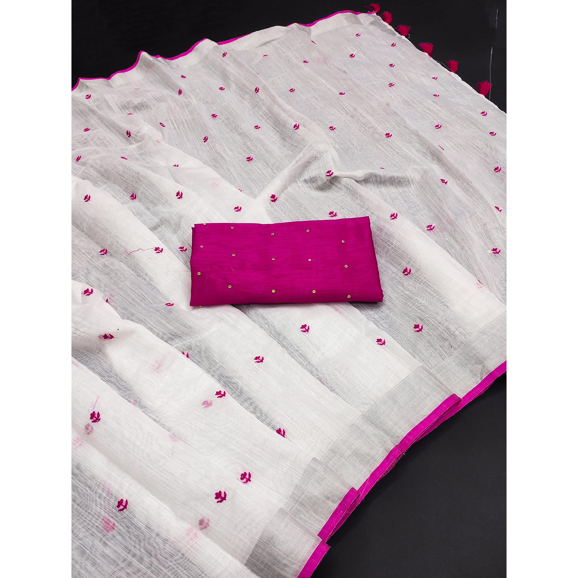 White & Pink Floral Embroidered Linen Saree