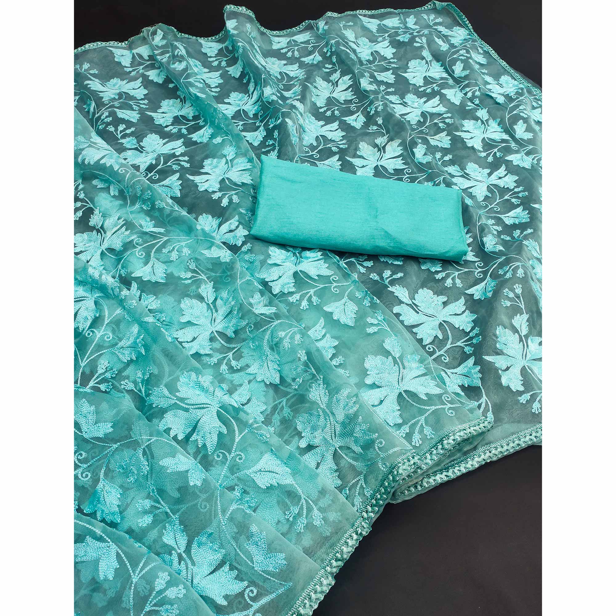 Turquoise Floral Embroidered Organza Saree