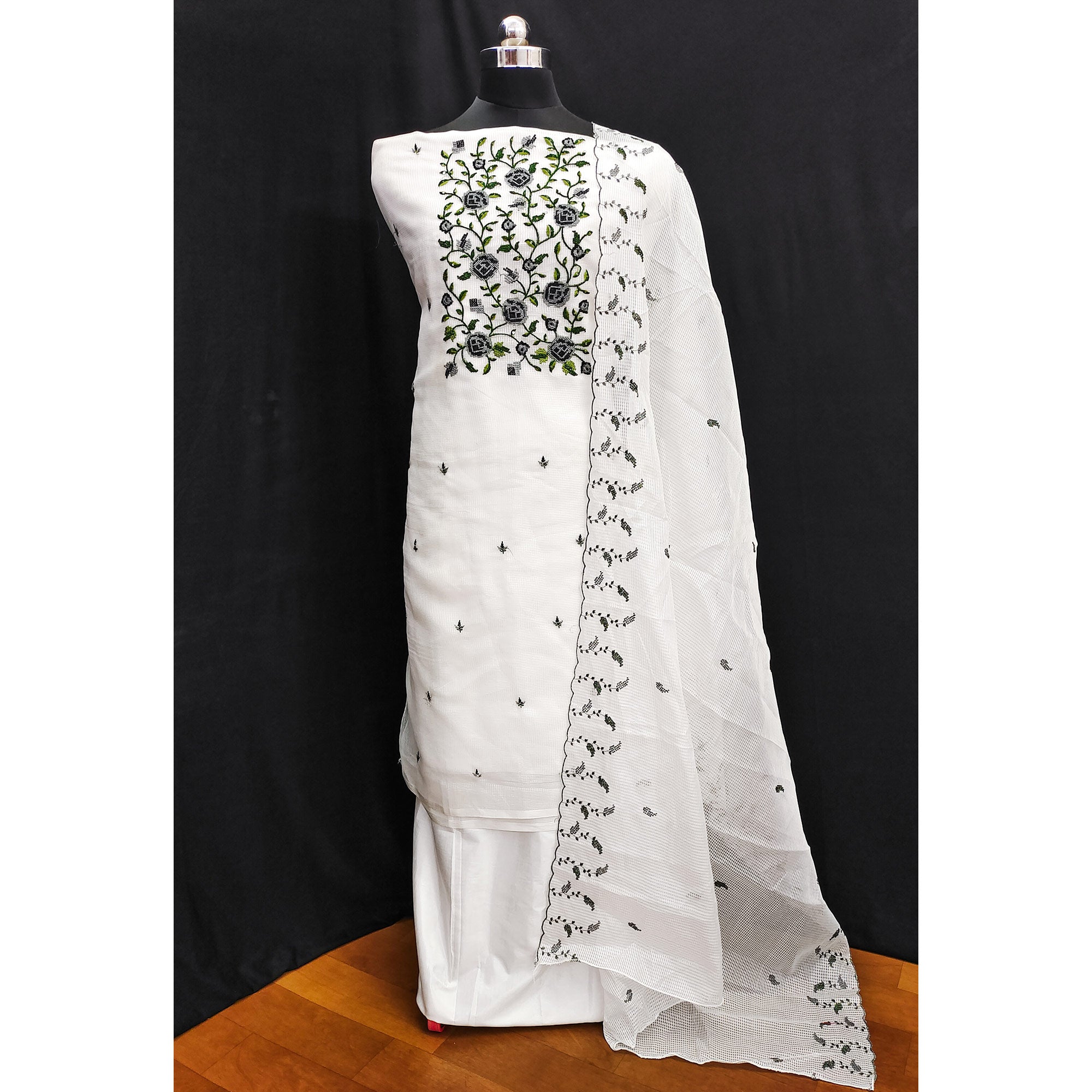 White Floral Sequins Embroidered Kota Doria Dress Material