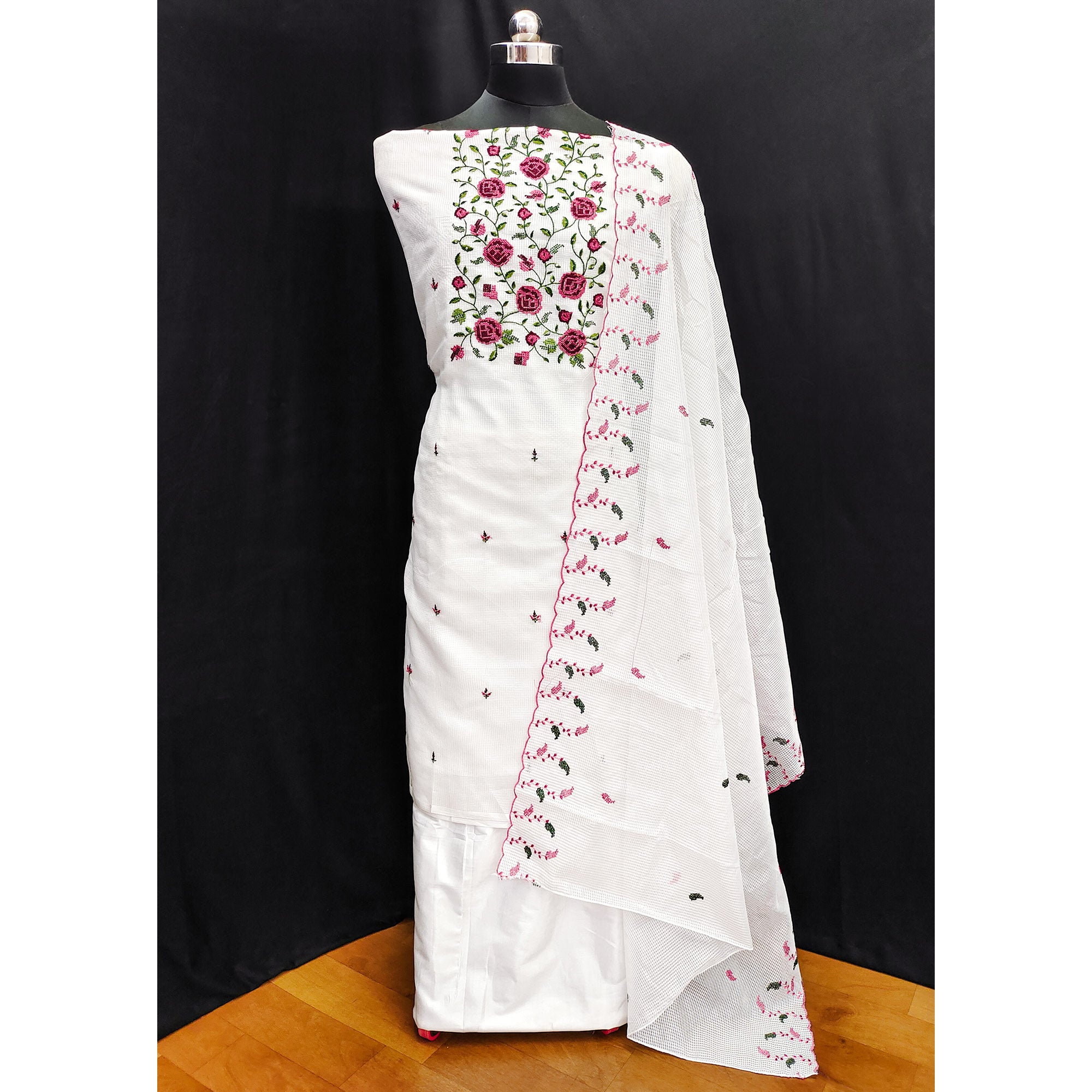 White Floral Sequins Embroidered Kota Doria Dress Material