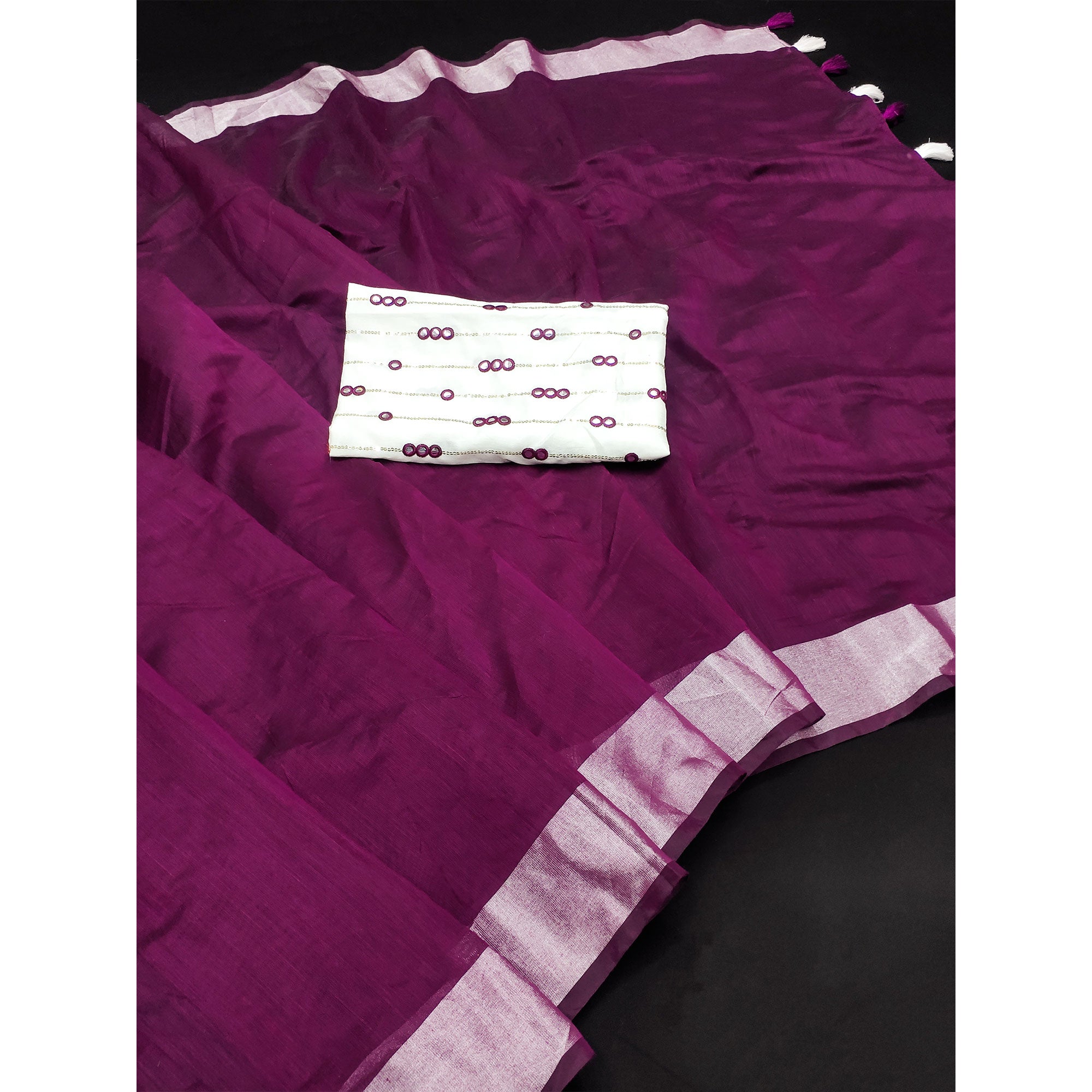 Wine Solid Chanderi Saree With Tassels