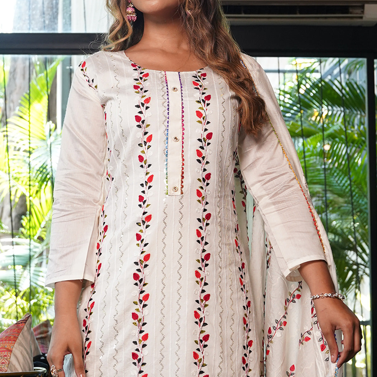 White Sequins Embroidered Chanderi Dress Material