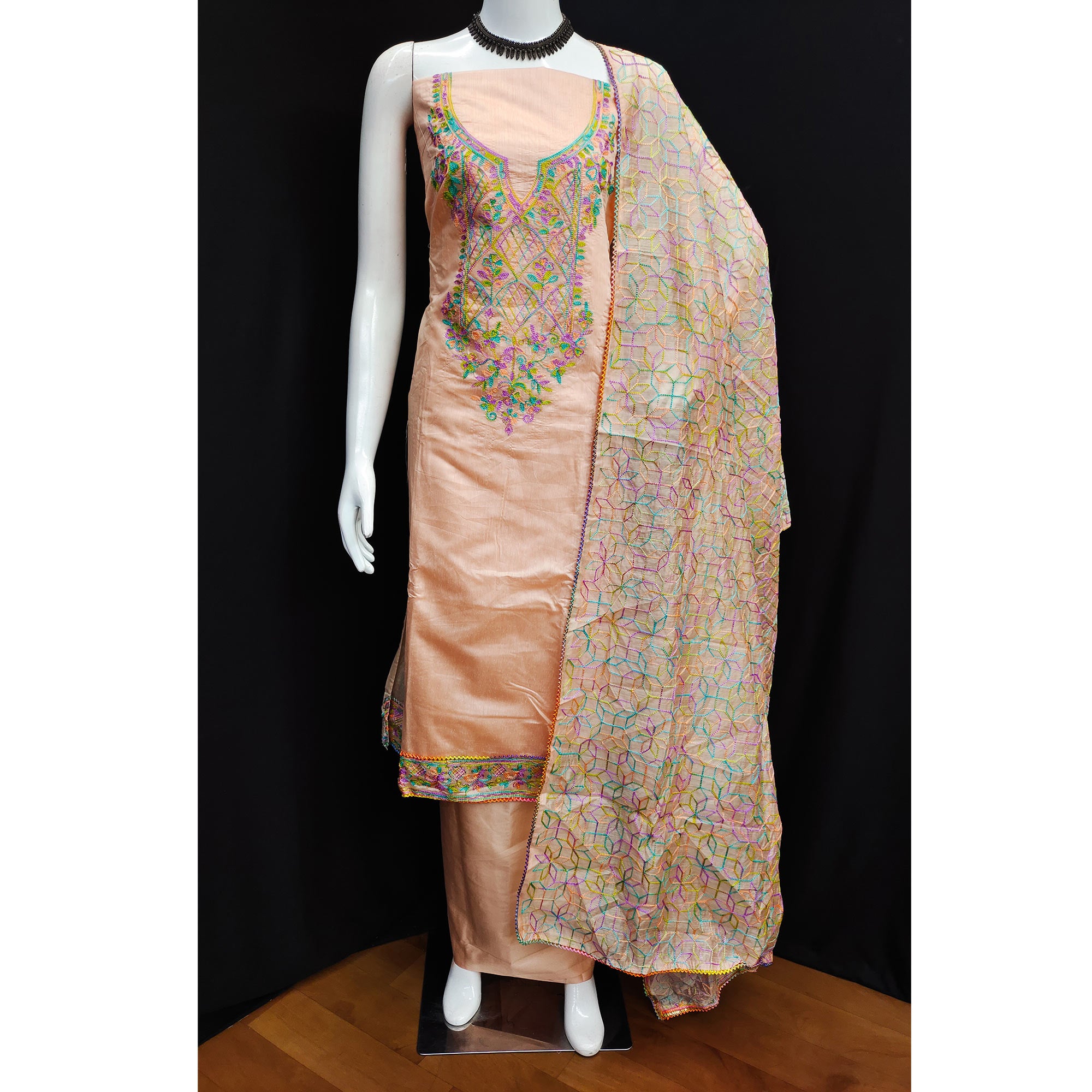 Peach Floral Embroidered Chanderi Dress Material