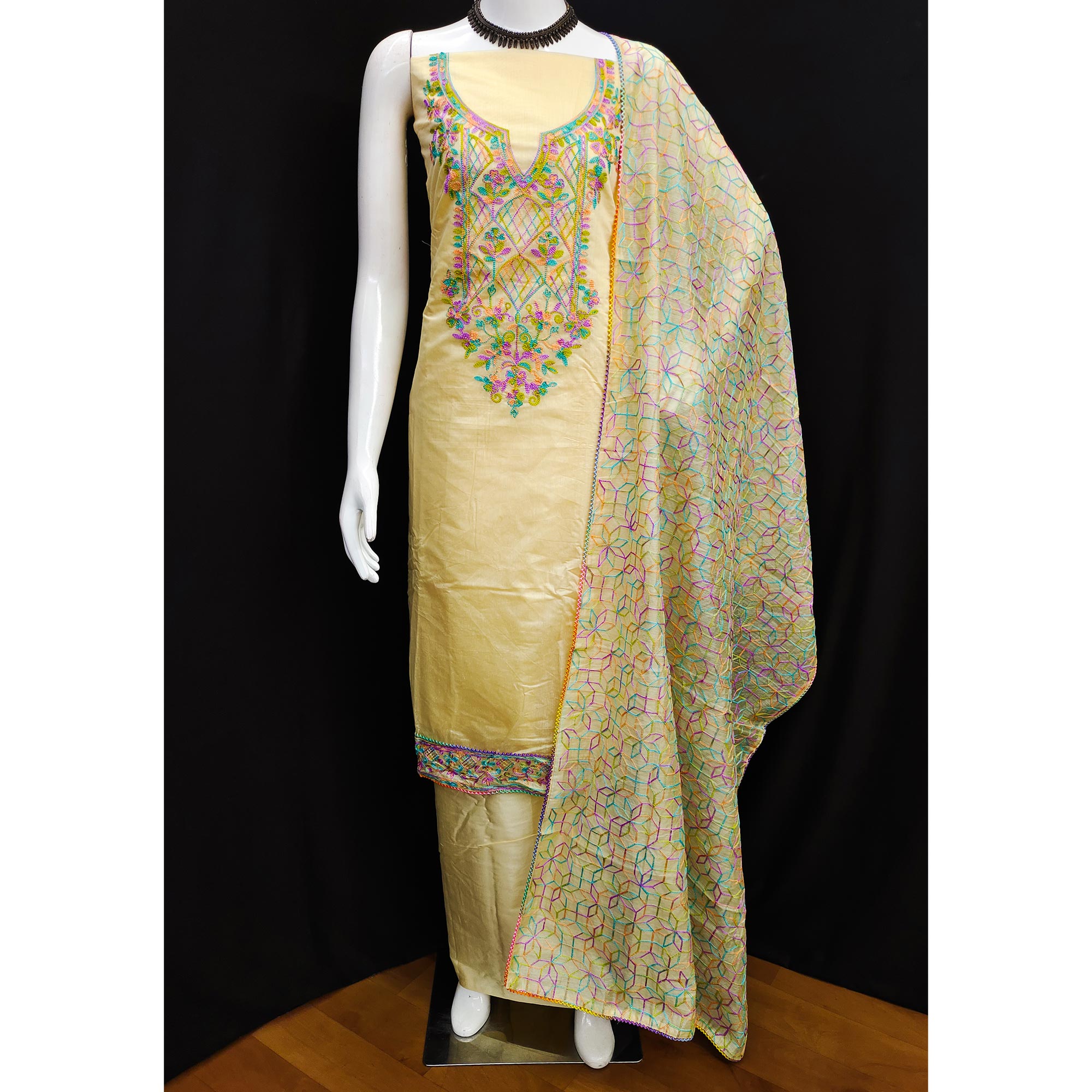 Yellow Floral Embroidered Chanderi Dress Material