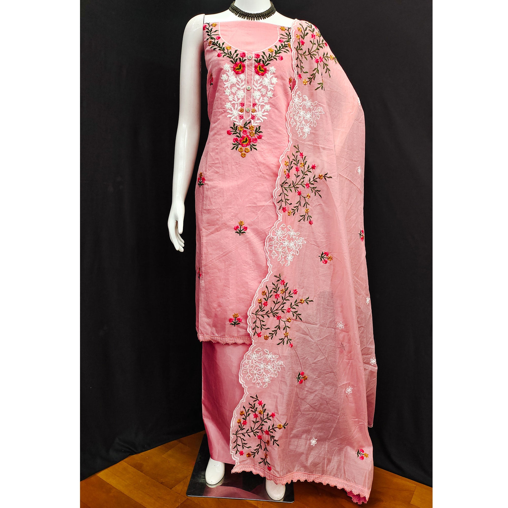 Peach Floral Embroidered Chanderi Dress Material