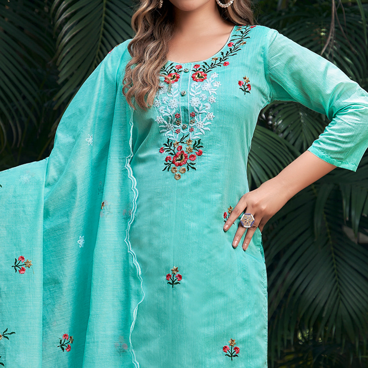 Sea Green Floral Embroidered Chanderi Salwar Suit