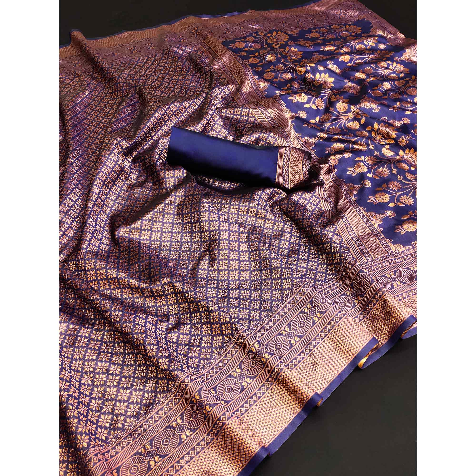 Navy Blue Floral Woven Banarasi Silk Saree