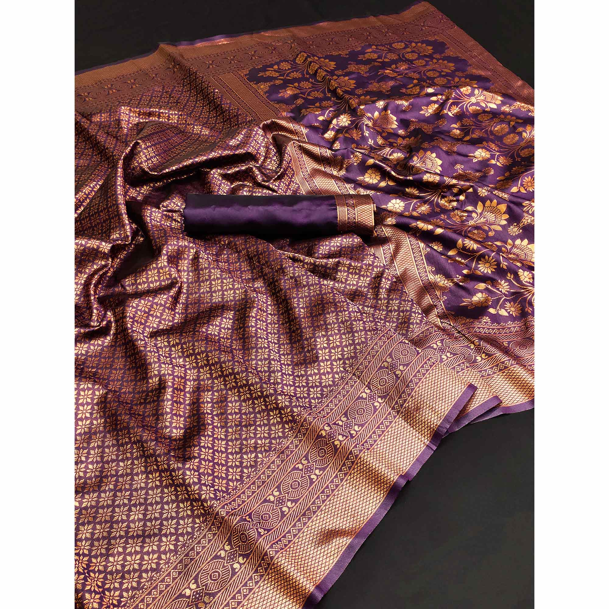 Purple Floral Woven Banarasi Silk Saree