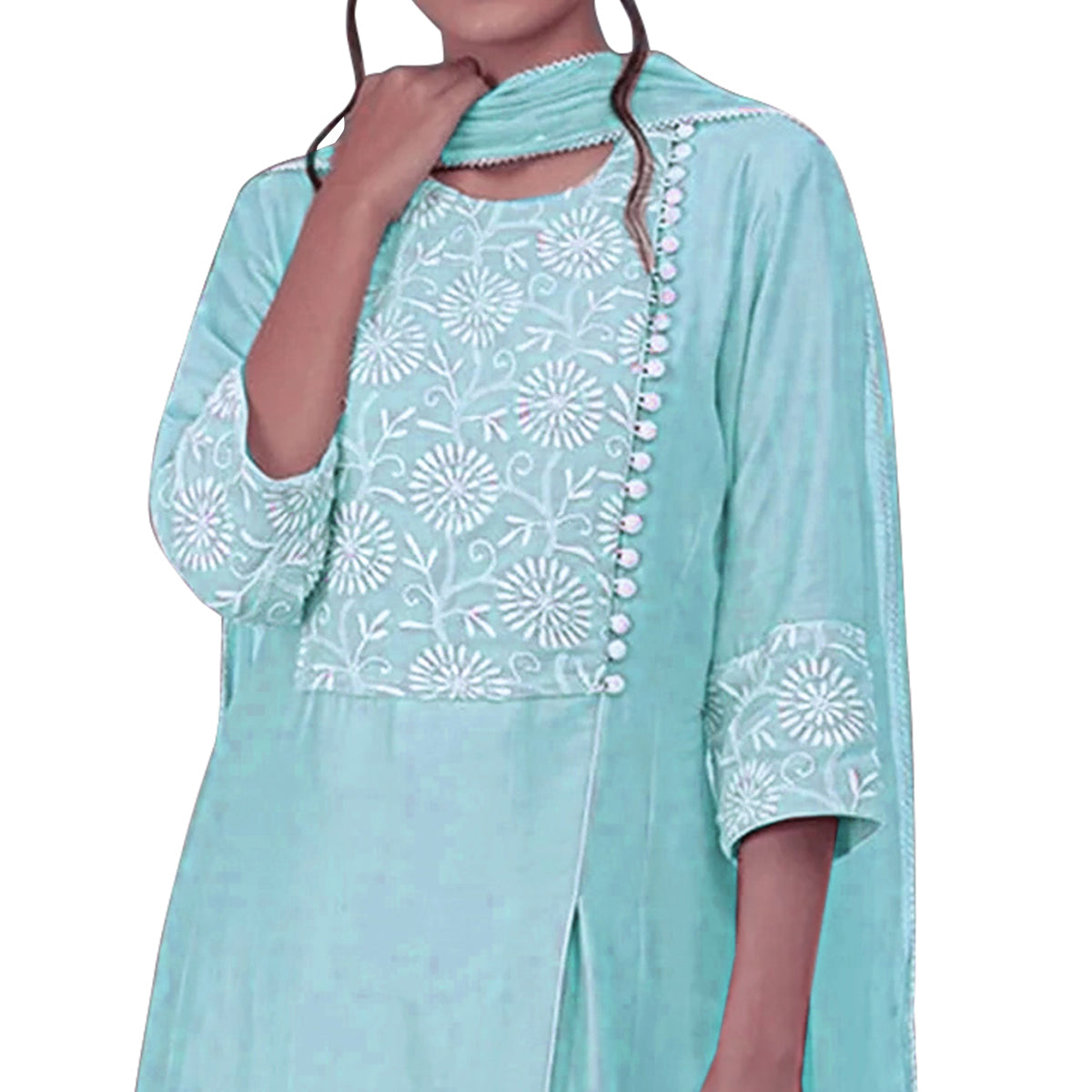 Sea Blue Floral Embroidered Viscose Suit