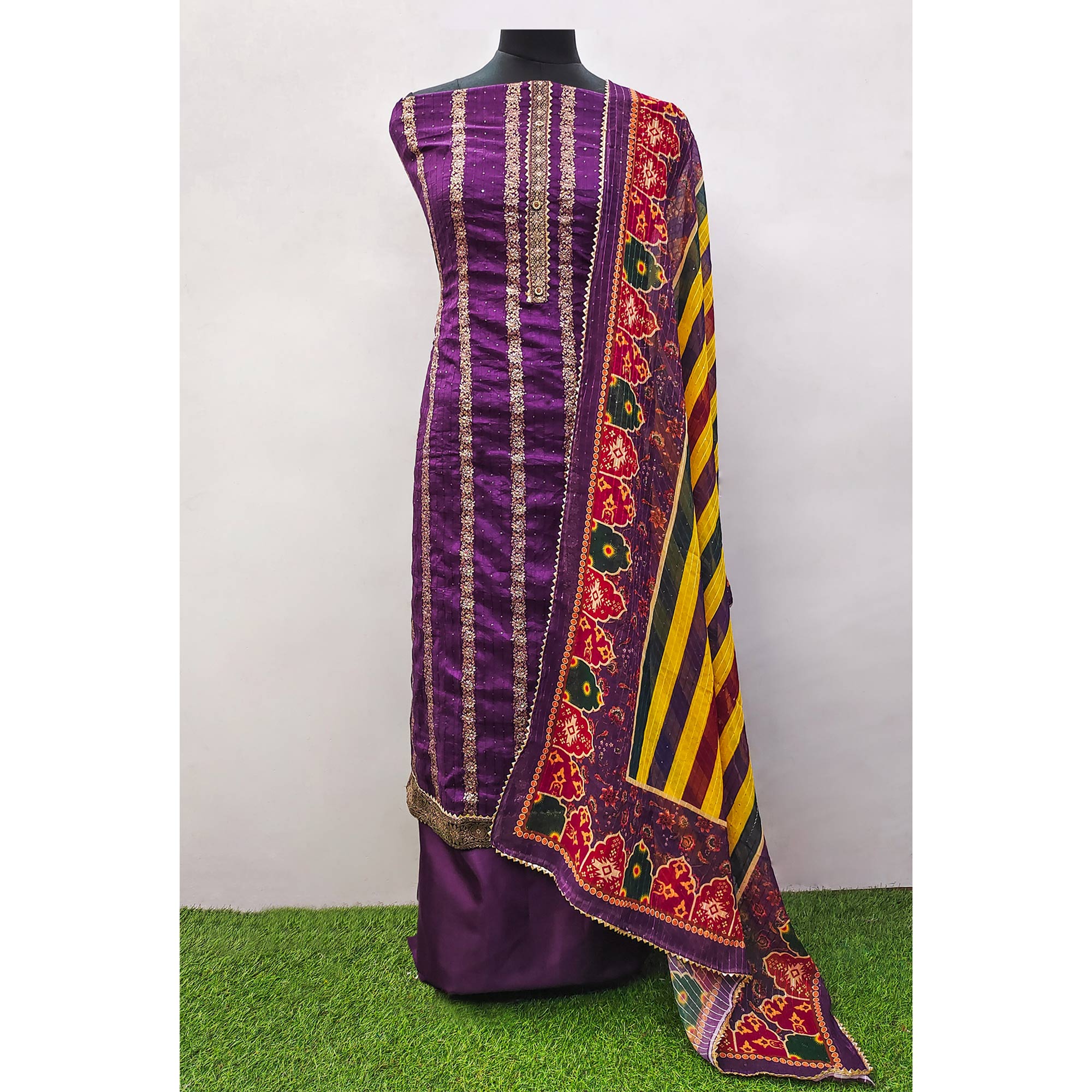 Dark Purple Woven Banarasi Silk Dress Material