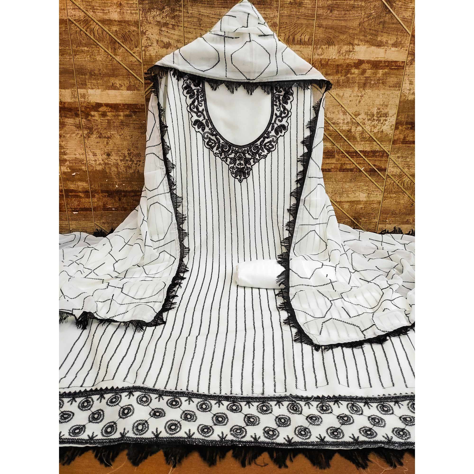 White Sequins Embroidered Georgette Dress Material