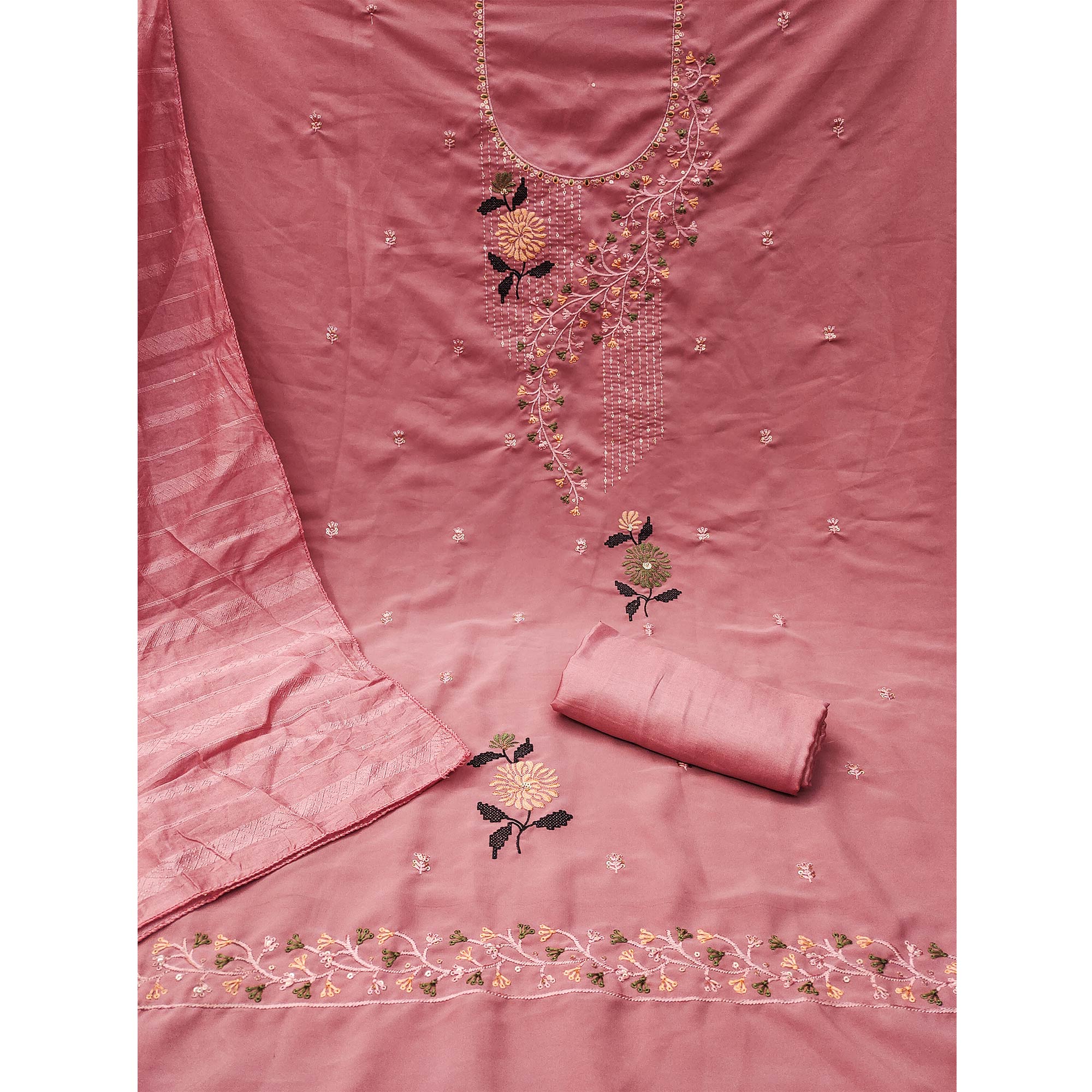 Pink Floral Embroidered Georgette Dress Material