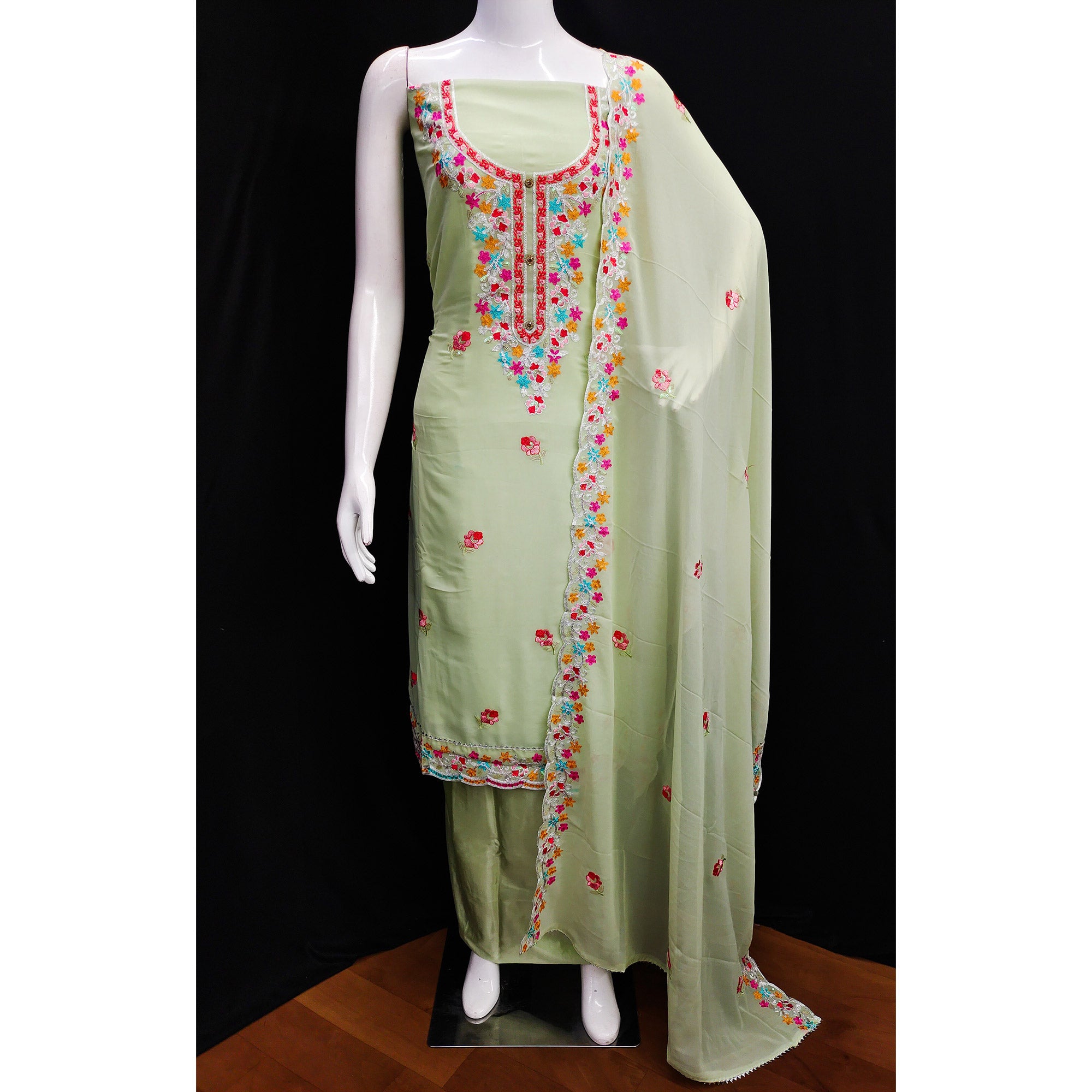 Green Floral Embroidered Georgette Dress Material