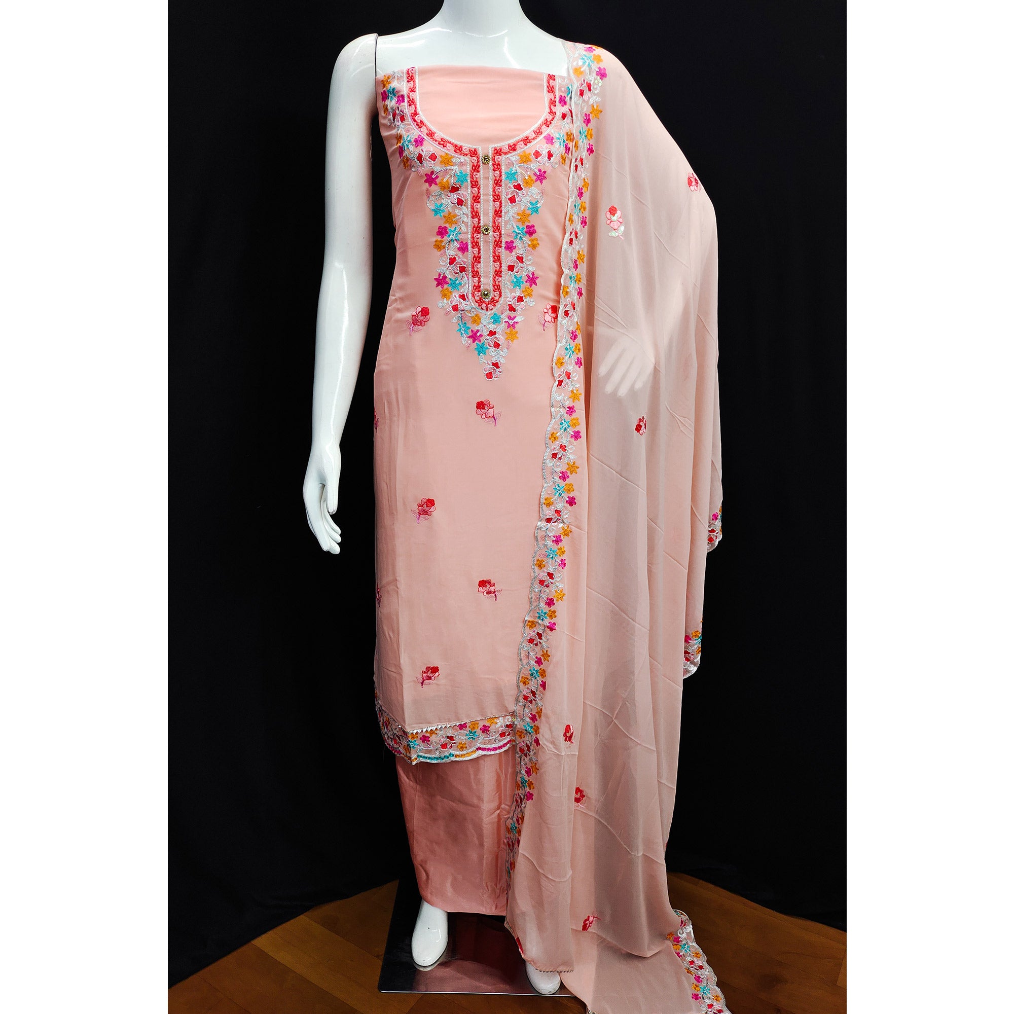 Peach Floral Embroidered Georgette Dress Material