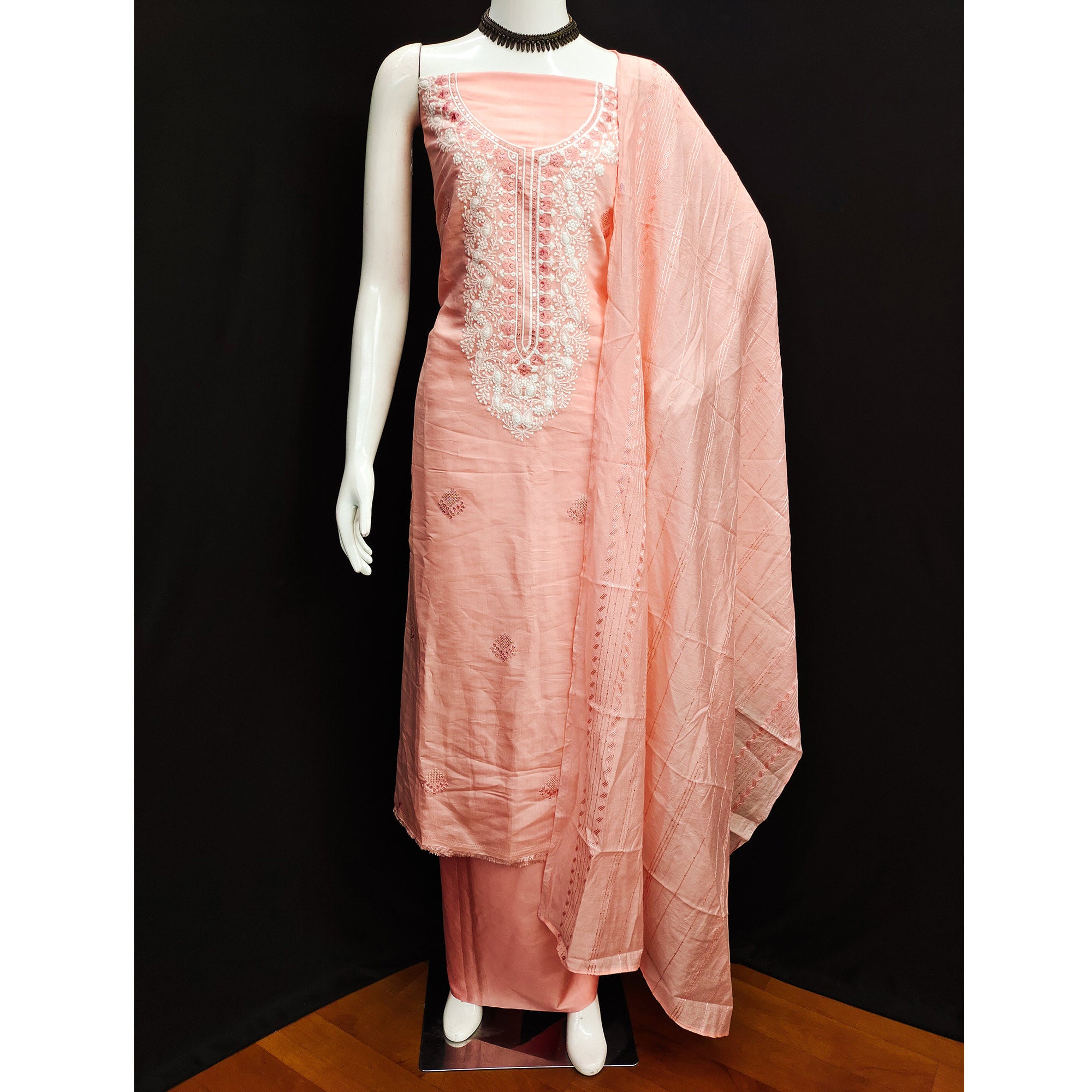 Peach Floral Embroidered Viscose Dress Material