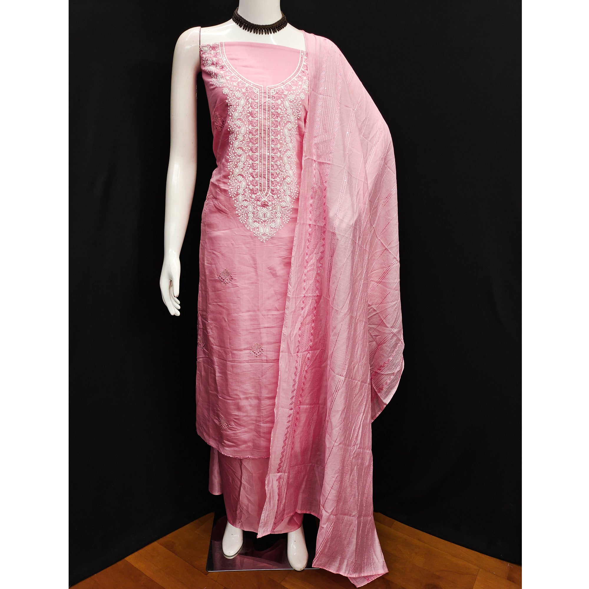 Pink Floral Embroidered Viscose Dress Material