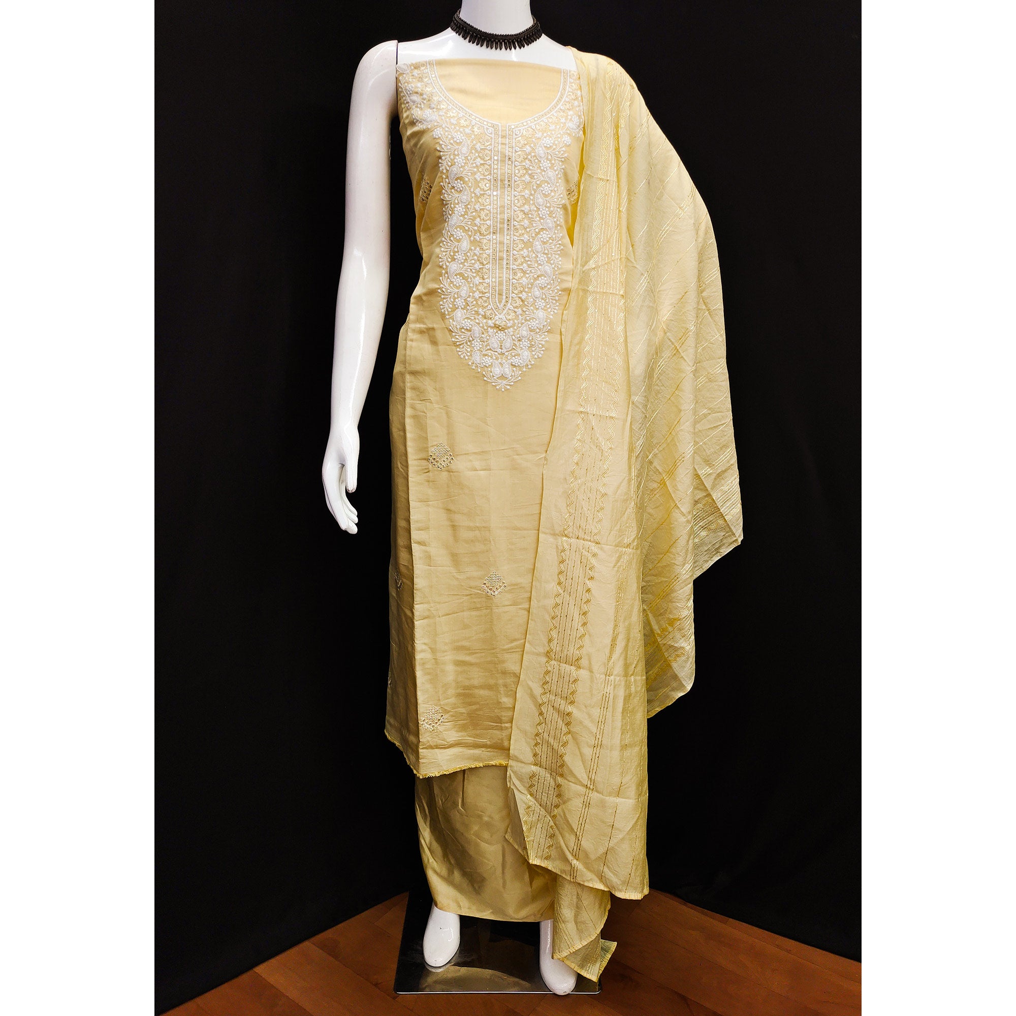 Yellow Floral Embroidered Viscose Dress Material