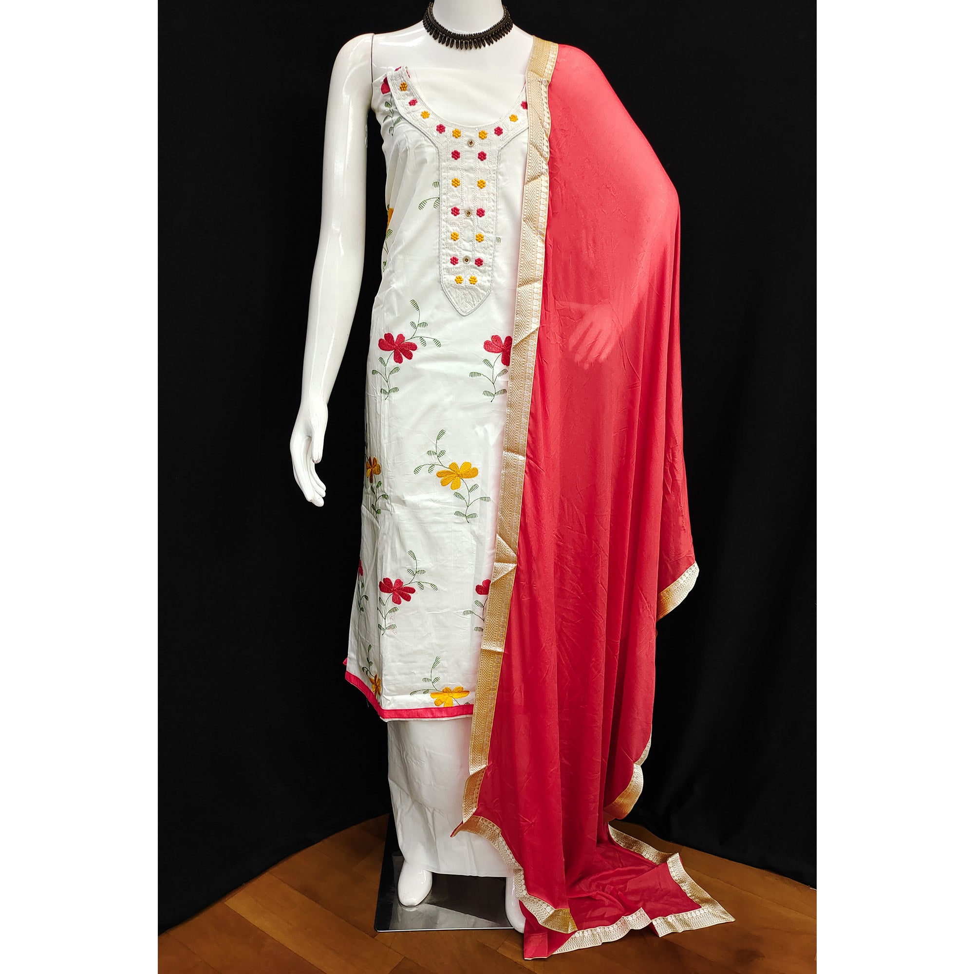 White & Red Floral Embroidered Pure Cotton Dress Material