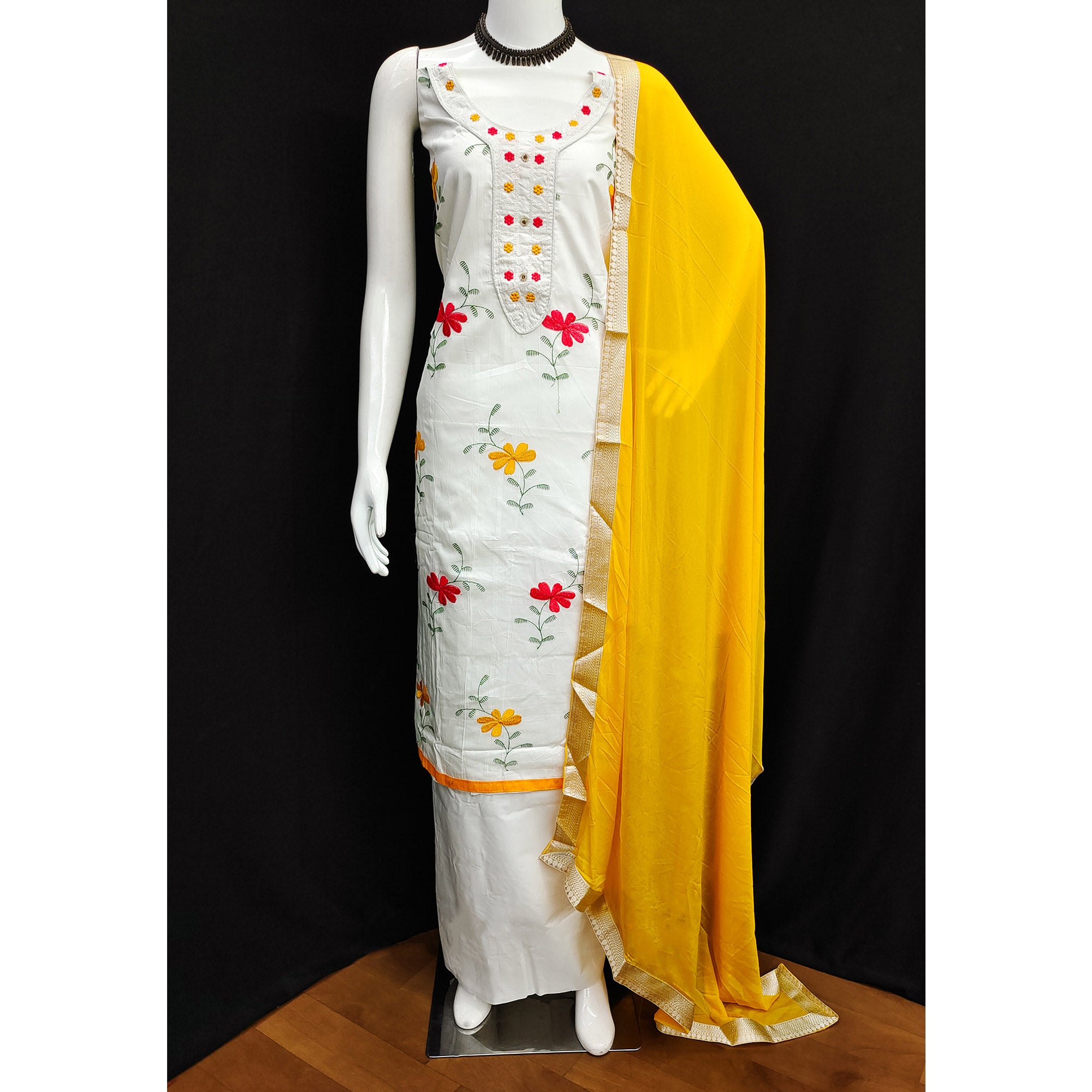 White & Yellow Floral Embroidered Pure Cotton Dress Material