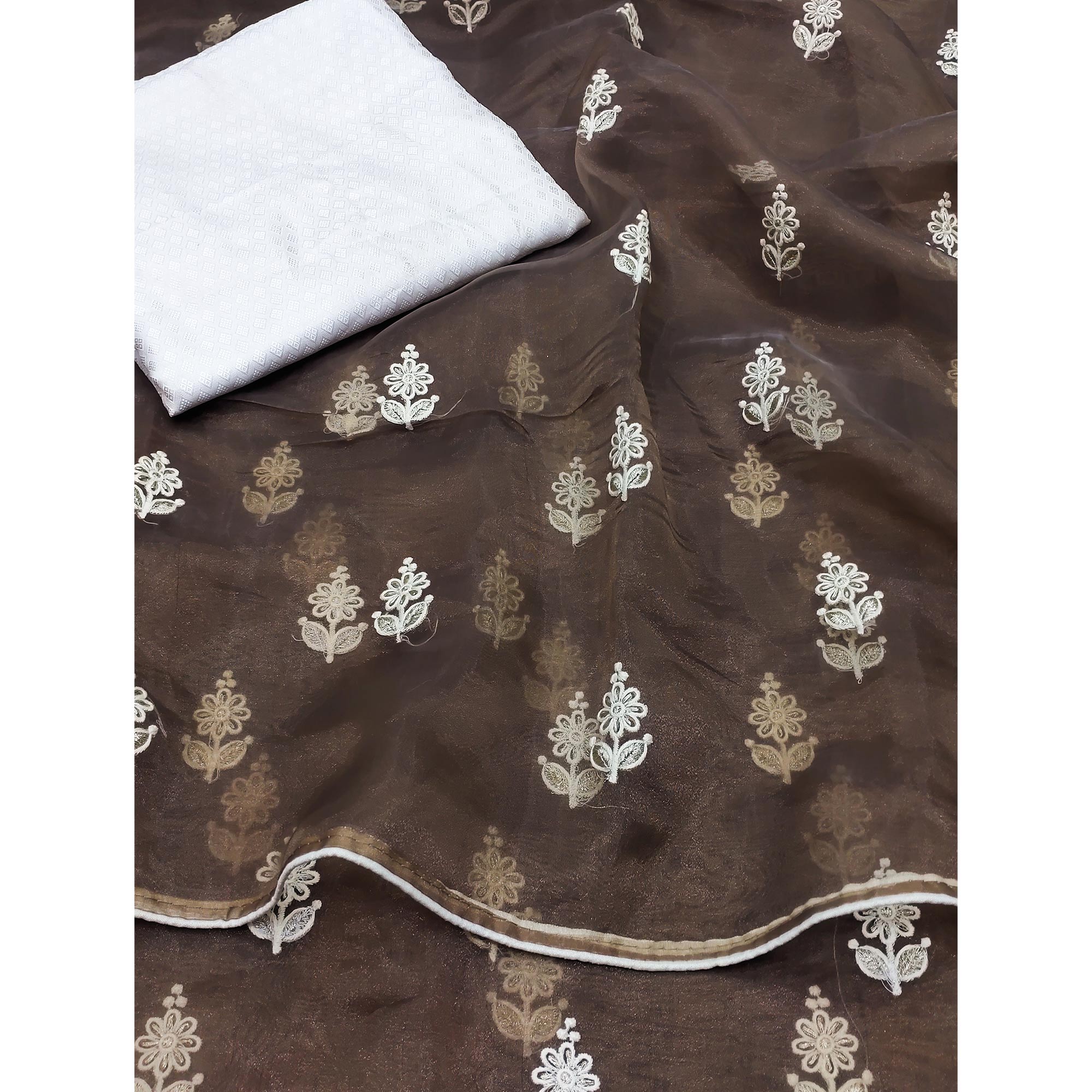 Brown Floral Embroidered Organza Saree