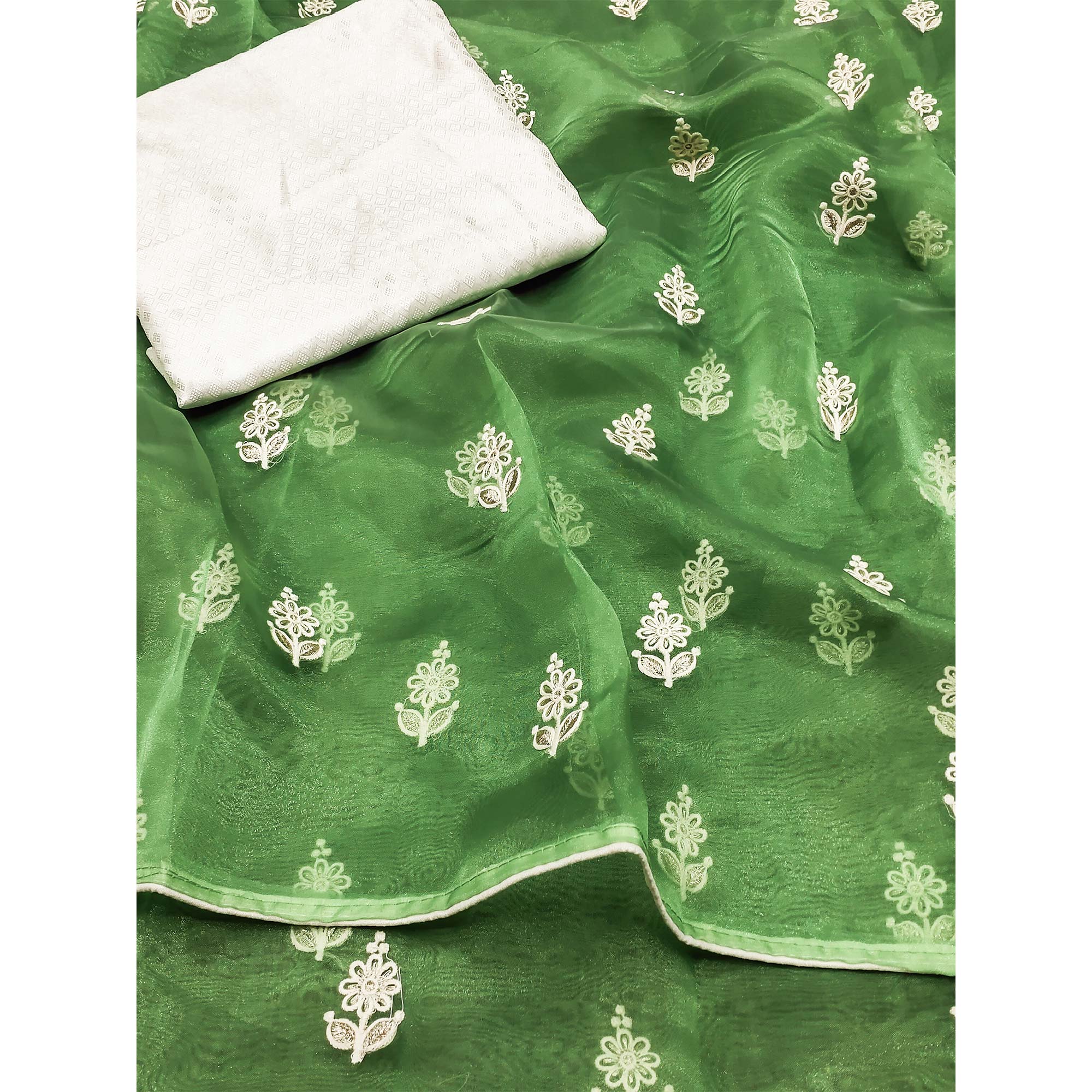 Green Floral Embroidered Organza Saree