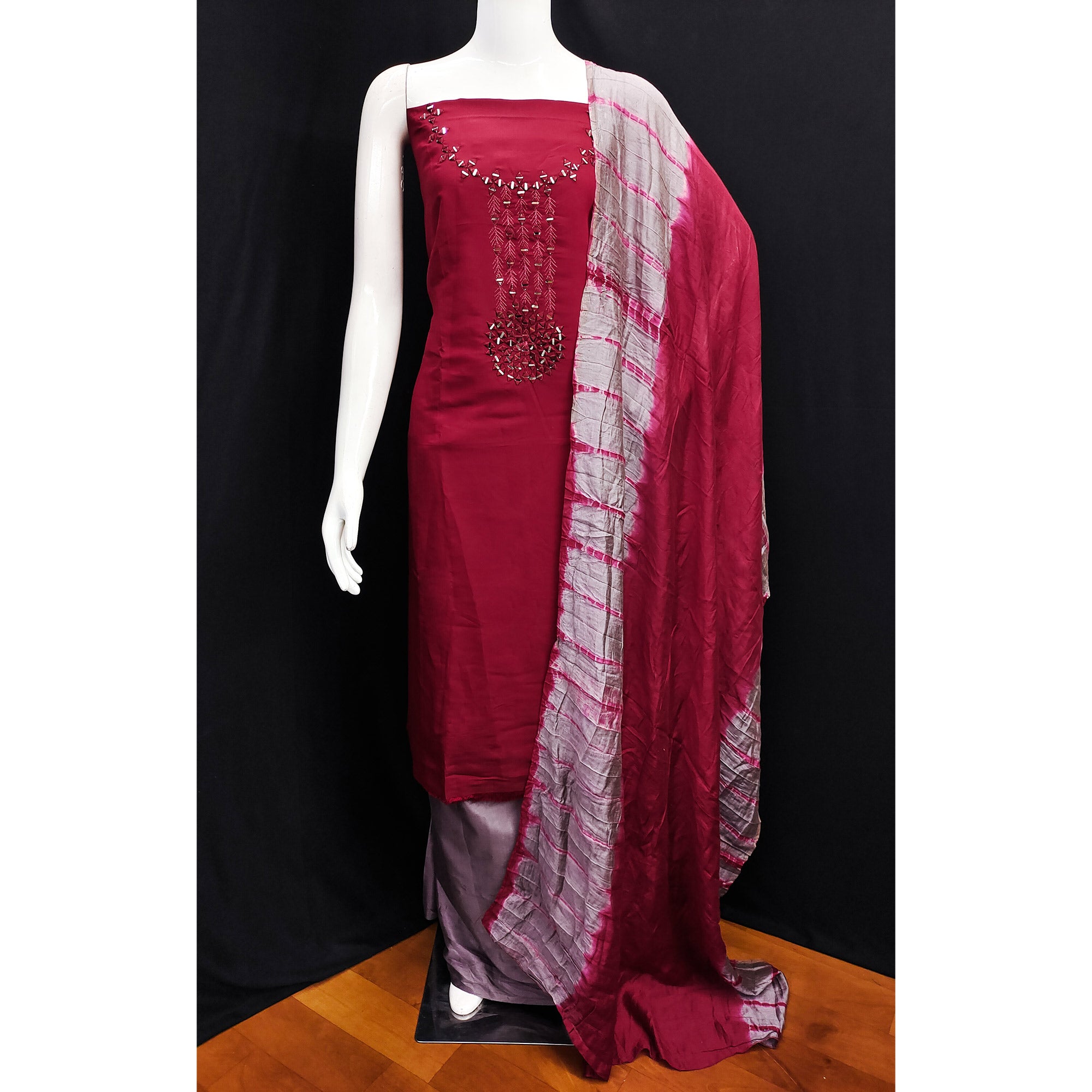 Maroon Embroidered Viscose Dress Material