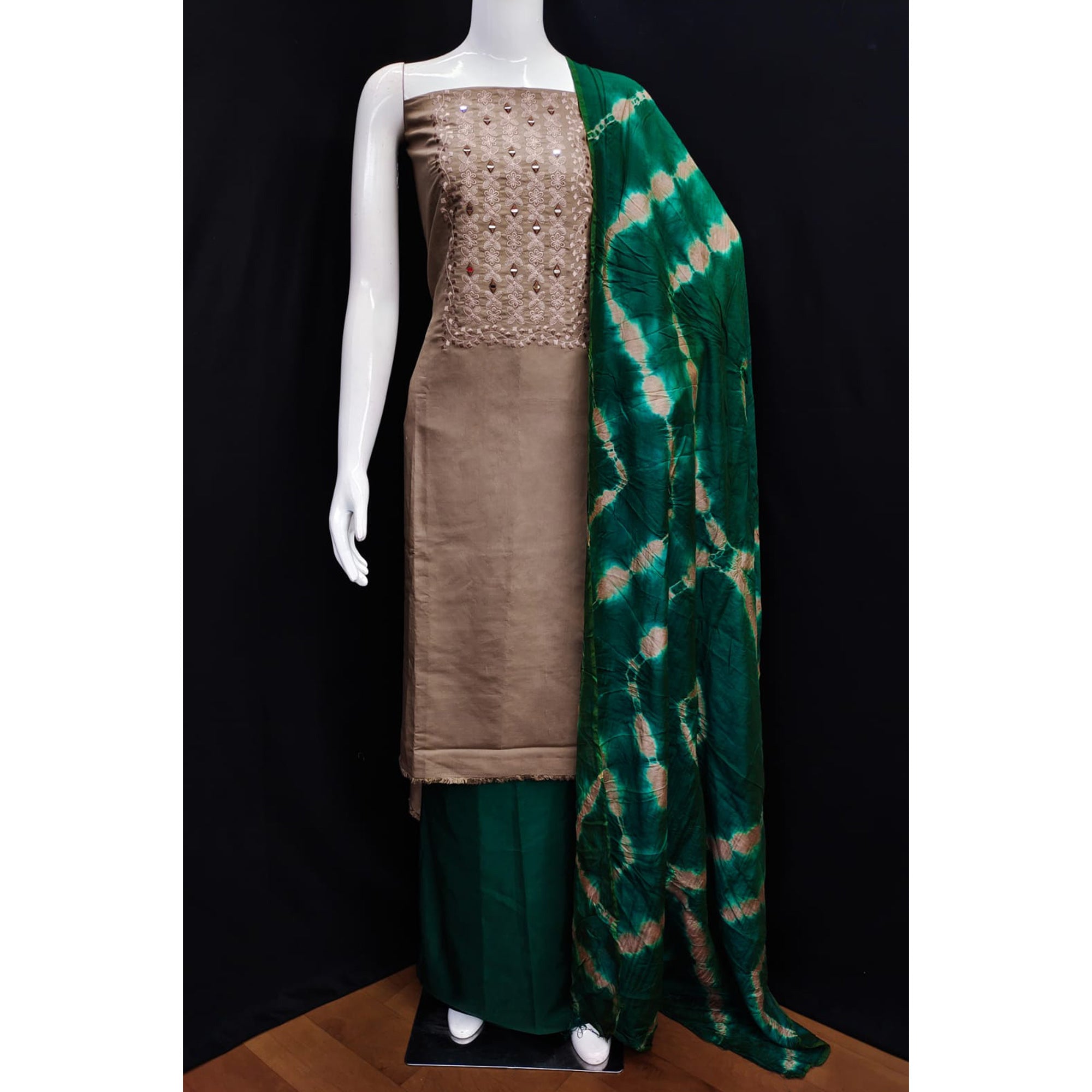 Brown Floral Embroidered Viscose Dress Material