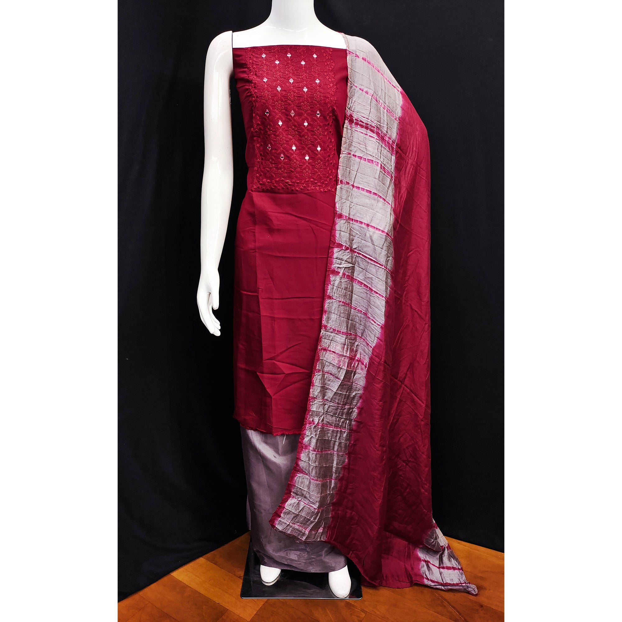 Maroon Floral Embroidered Viscose Dress Material