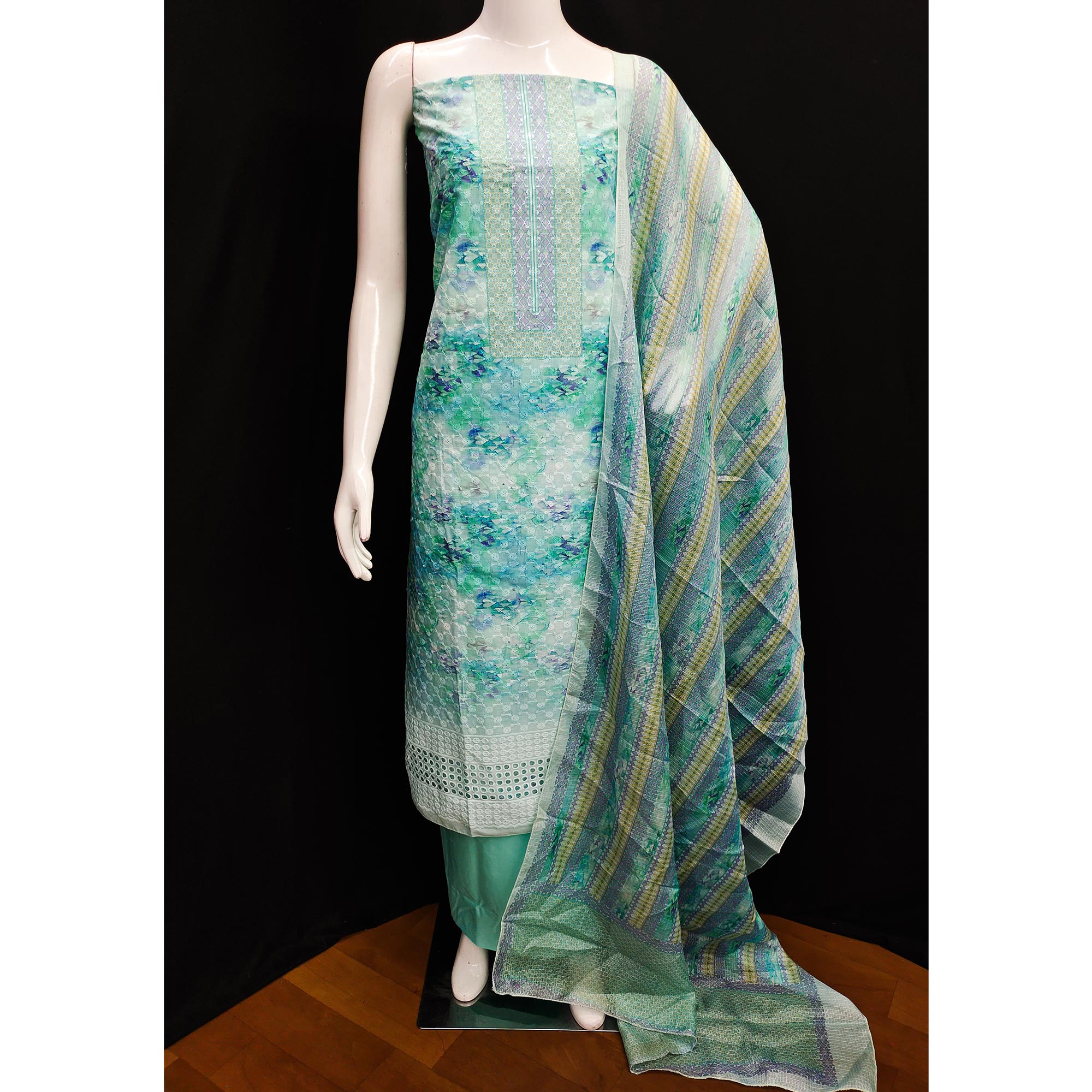 Blue Embroidered With Printed Cotton Blend Dress Material