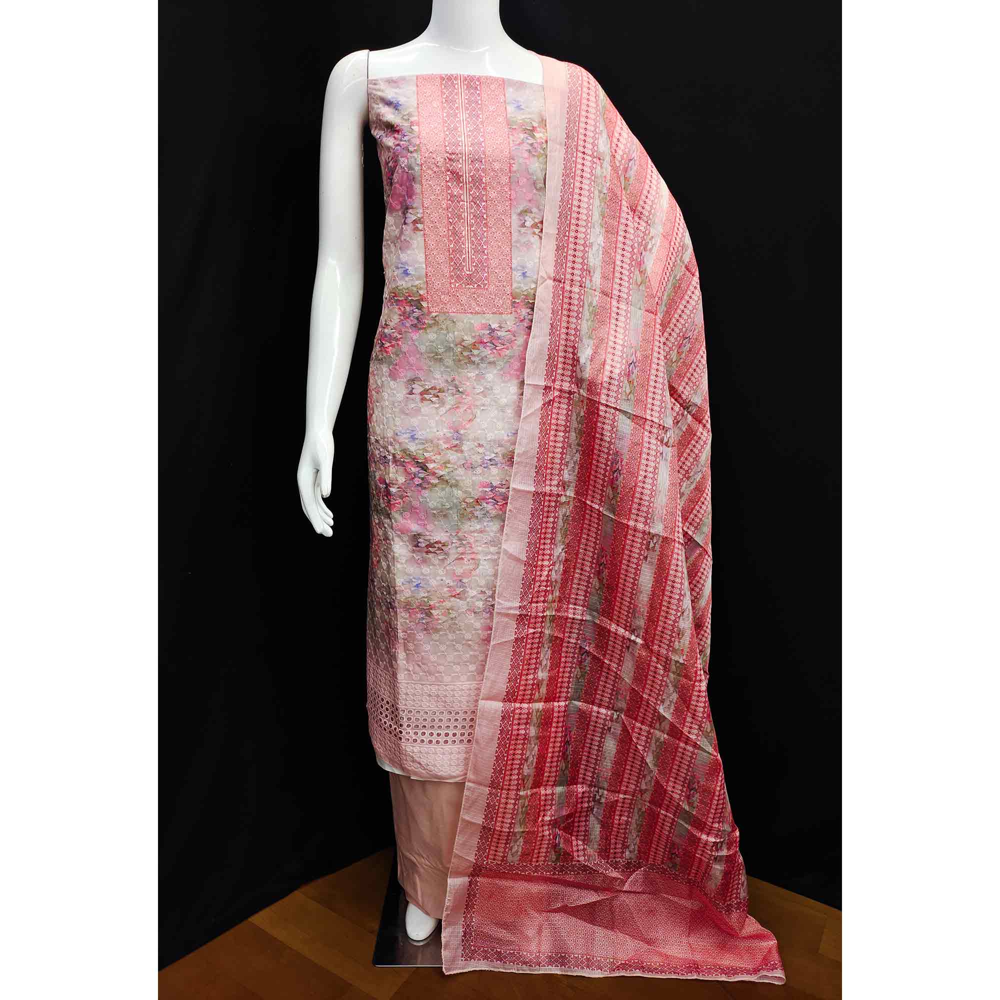 Peach Embroidered With Printed Cotton Blend Dress Material