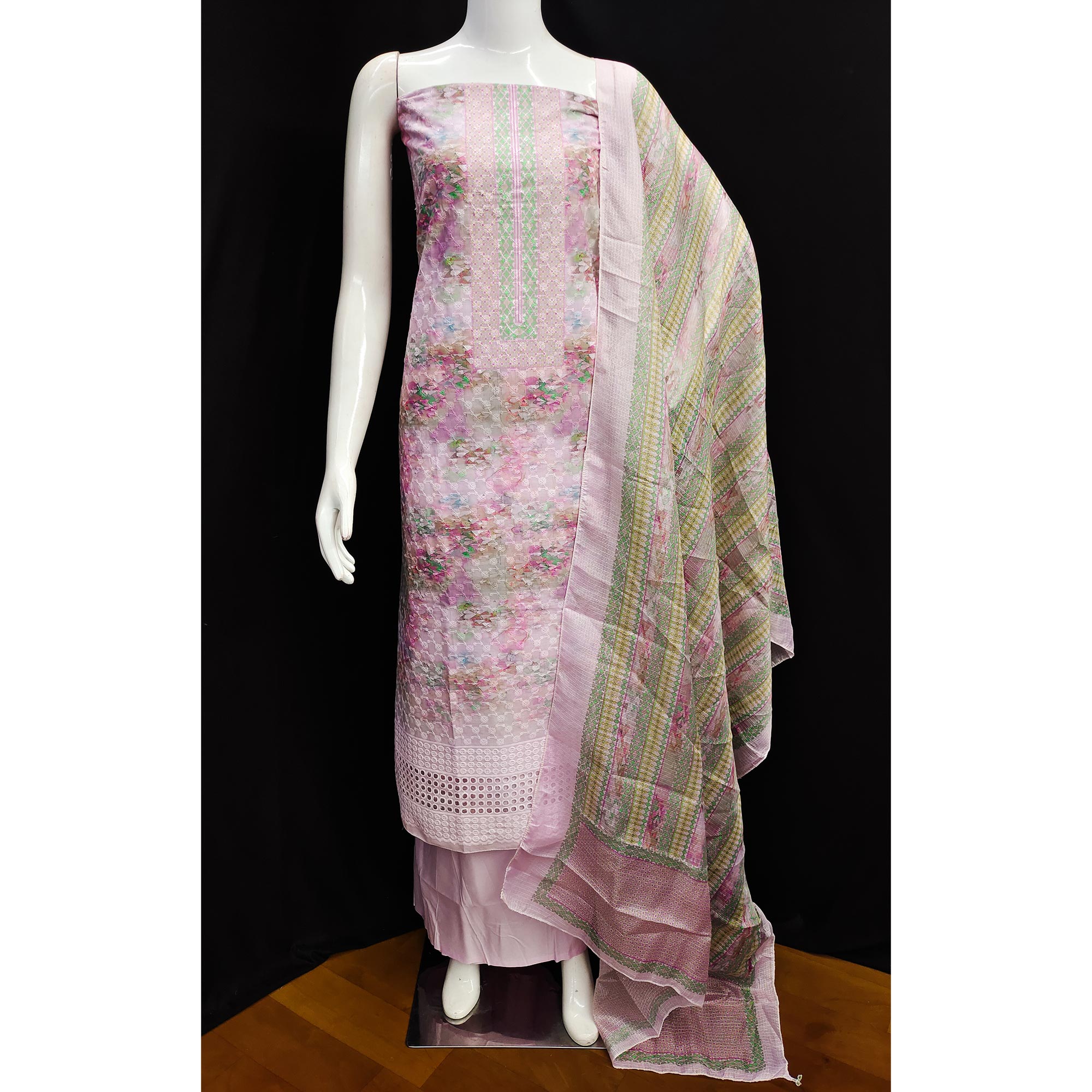 Pink Embroidered With Printed Cotton Blend Dress Material