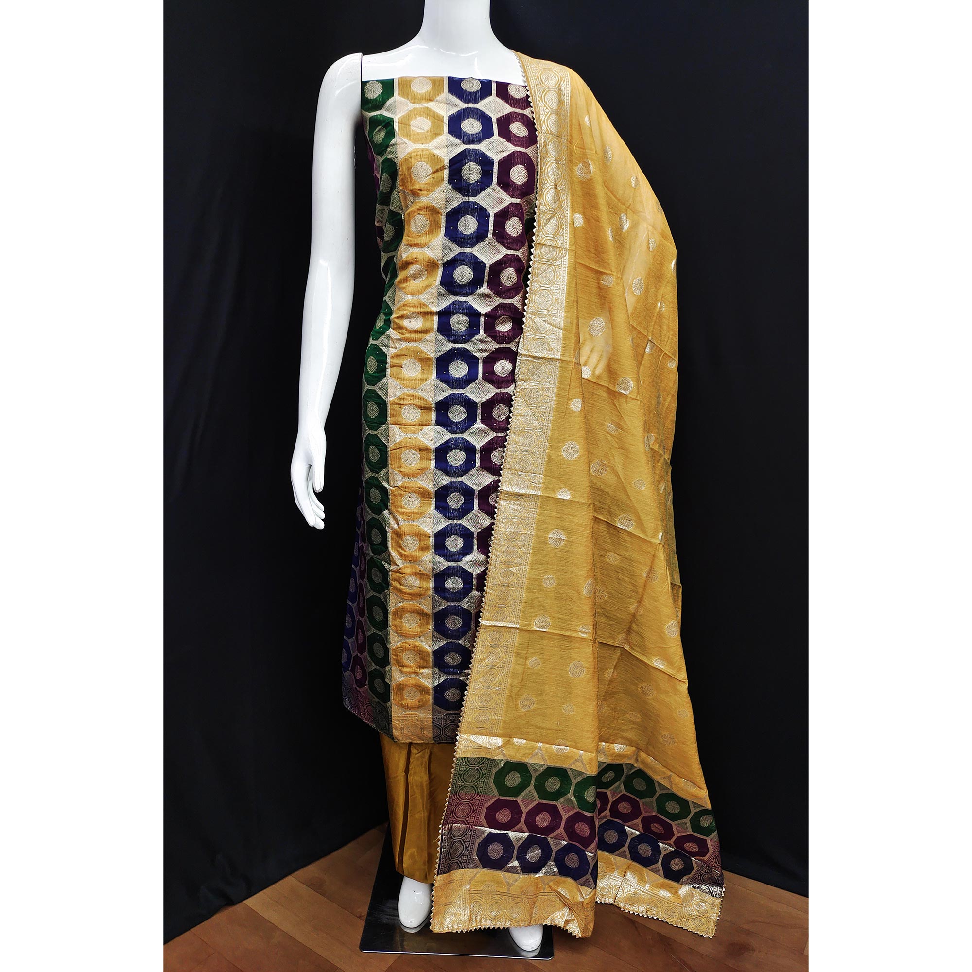 Multicolor Woven Banarasi Silk Dress Material