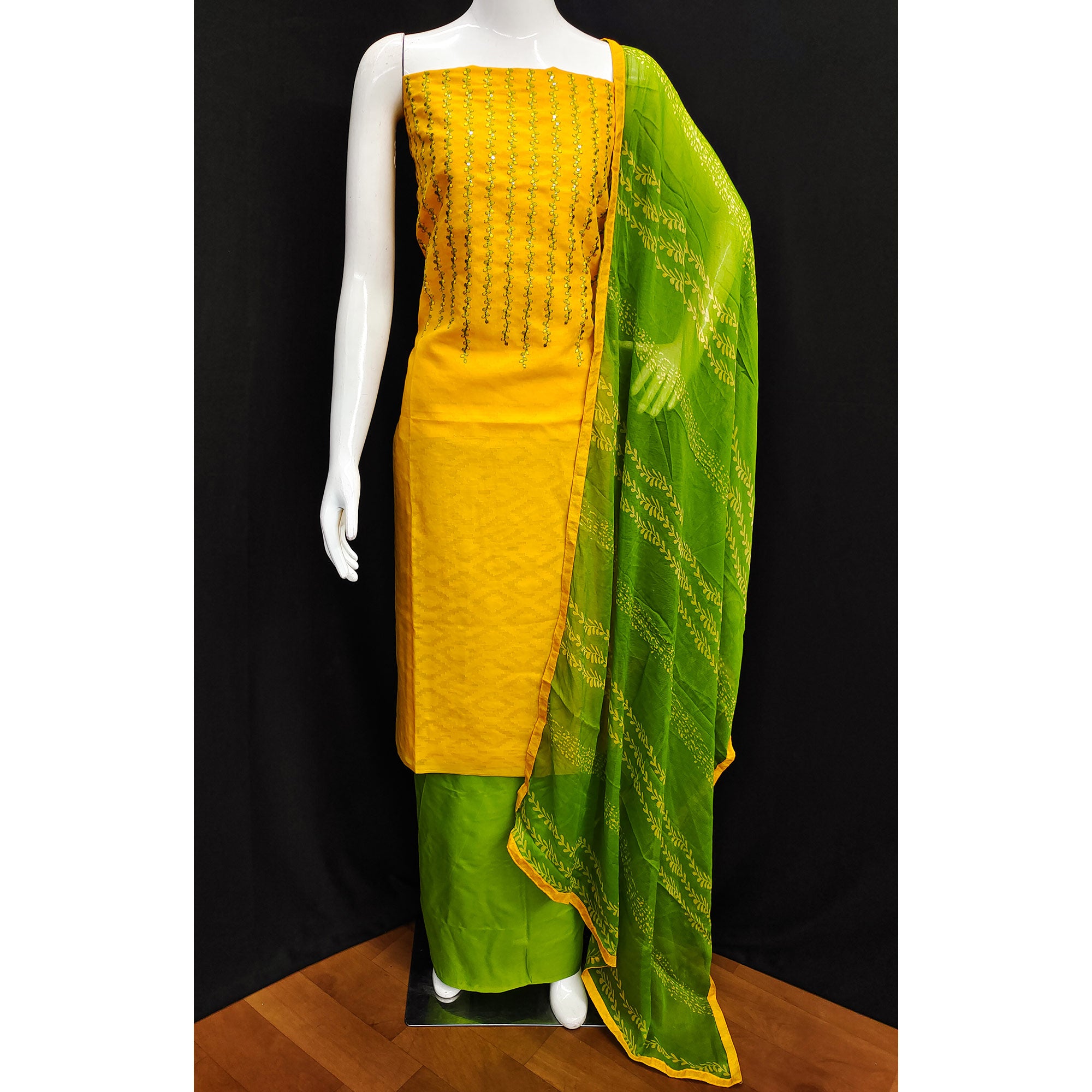 Yellow Sequins Embroidered Pure Cotton Dress Material