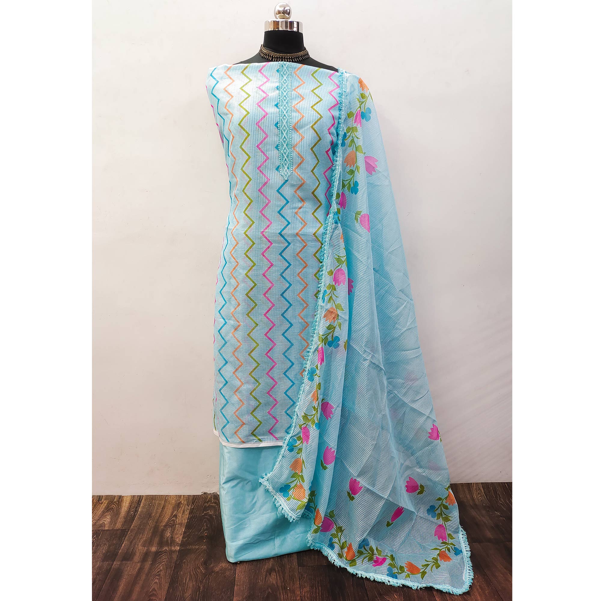 Turquoise Printed Kota Doria Dress Material