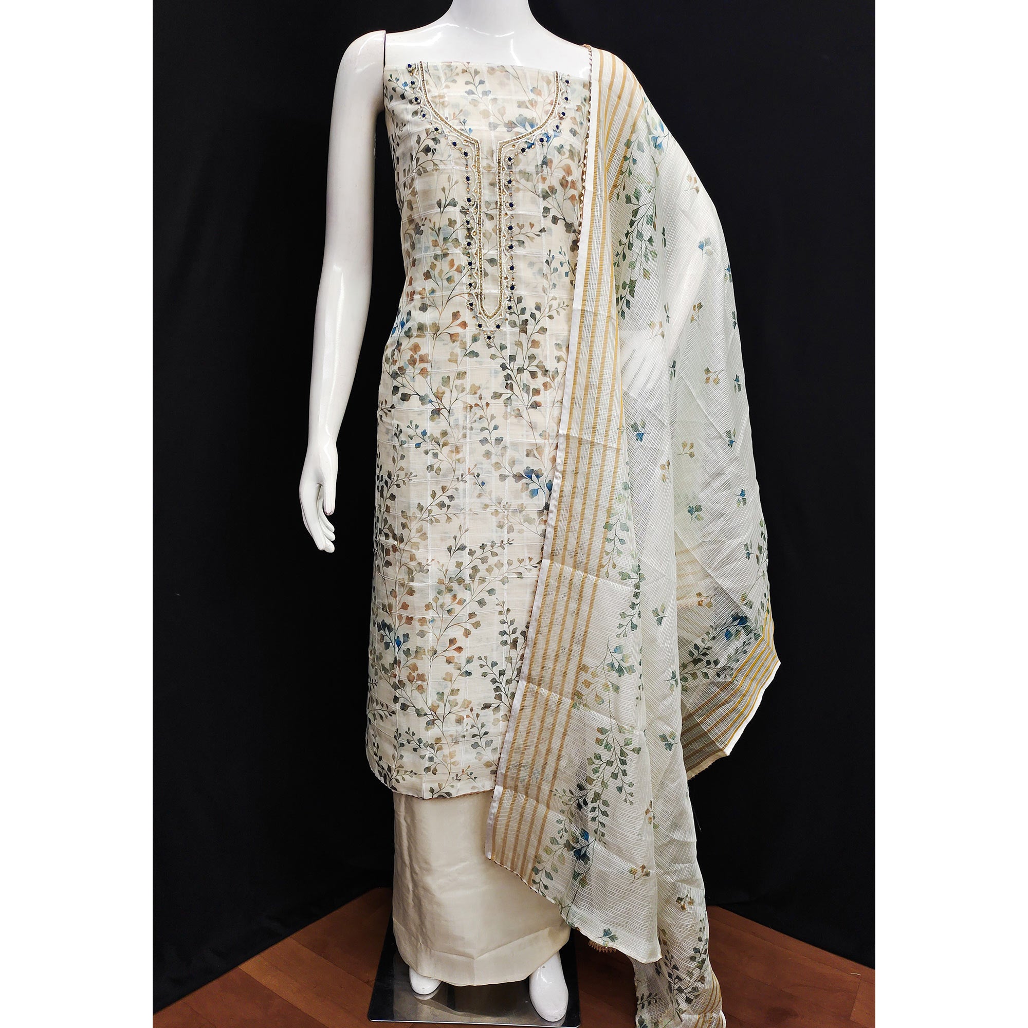 Cream Floral Printed Linen Dress Material