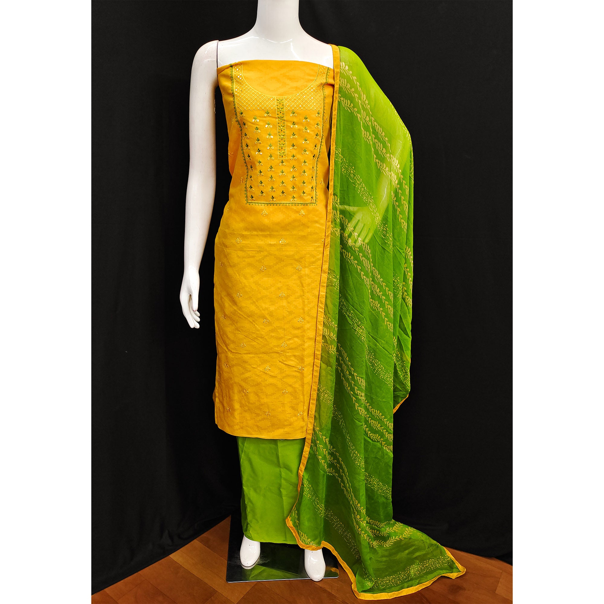 Yellow Sequins Floral Embroidered Pure Cotton Dress Material