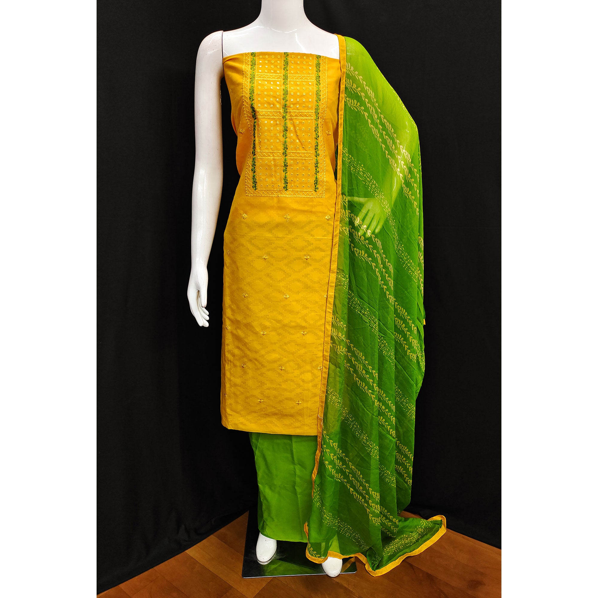 Yellow Sequins Floral Embroidered Pure Cotton Dress Material