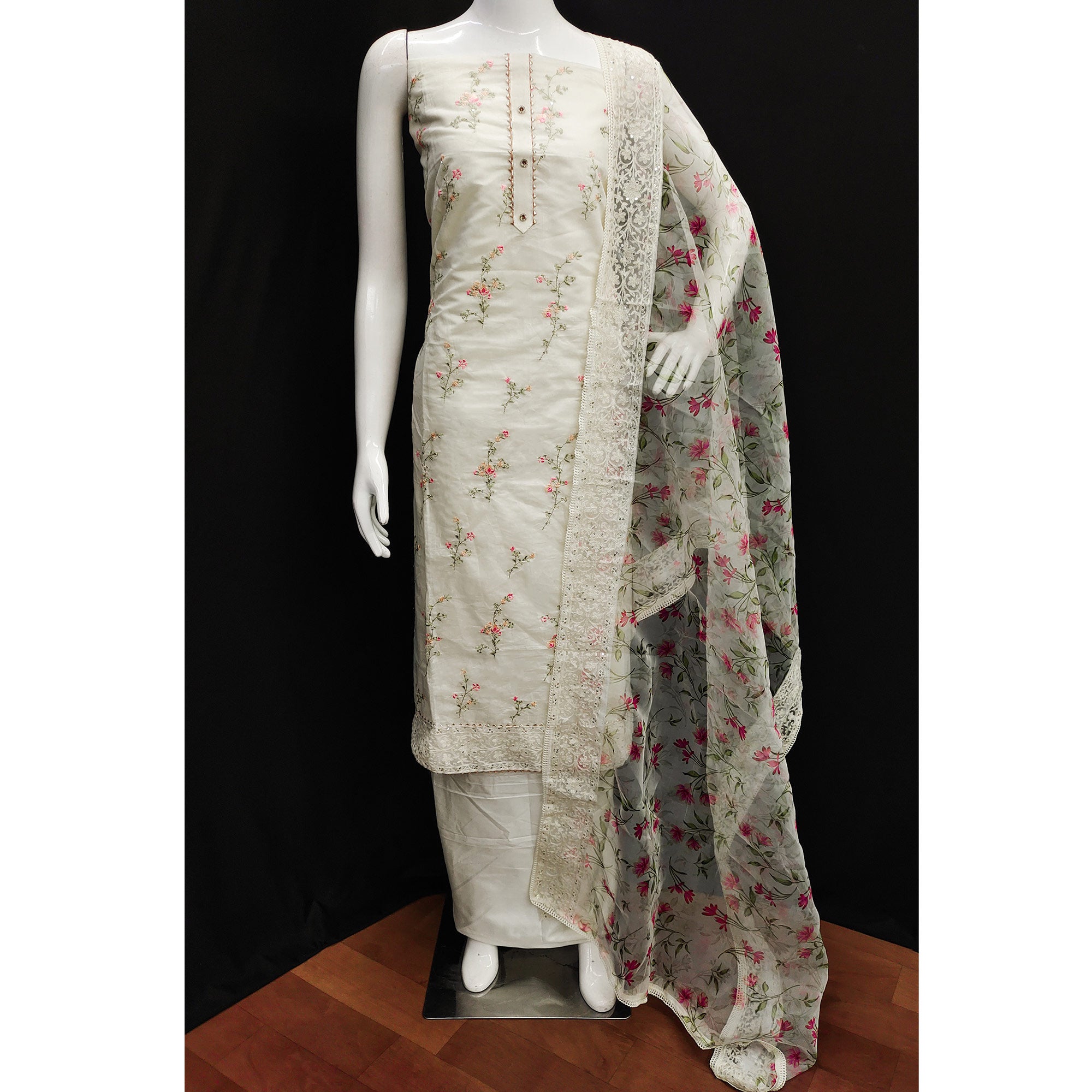 Off White Sequins Floral Embroidered Chanderi Dress Material