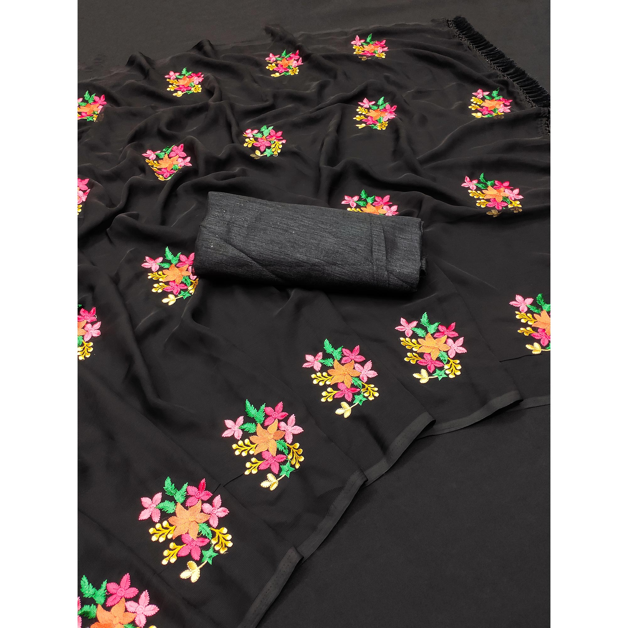 Black Floral Embroidered Chiffon Saree