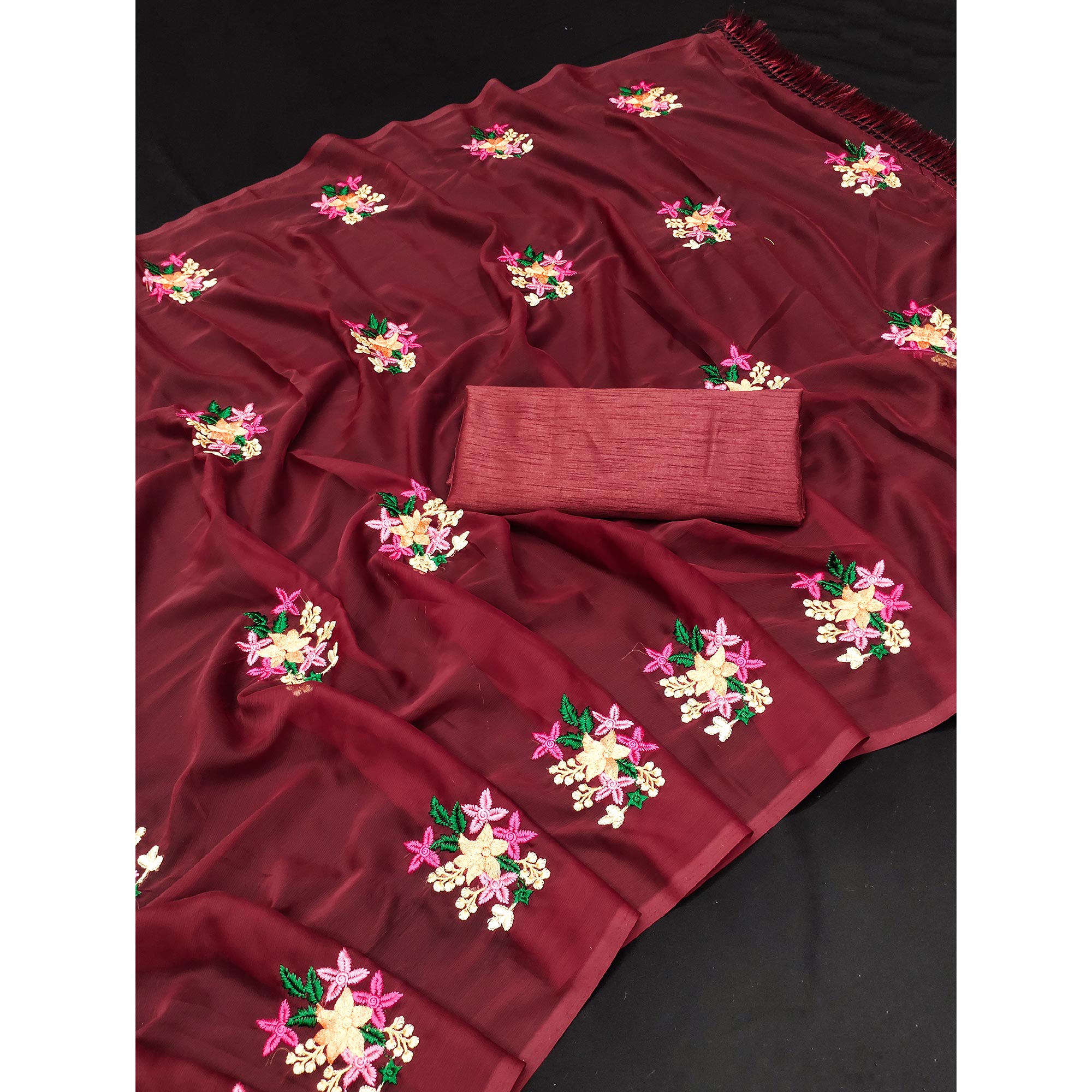 Maroon Floral Embroidered Chiffon Saree