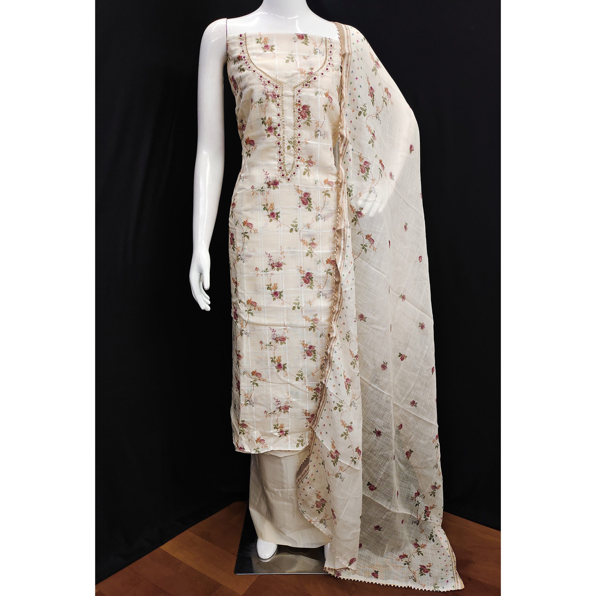 Cream Floral Printed Linen Dress Material