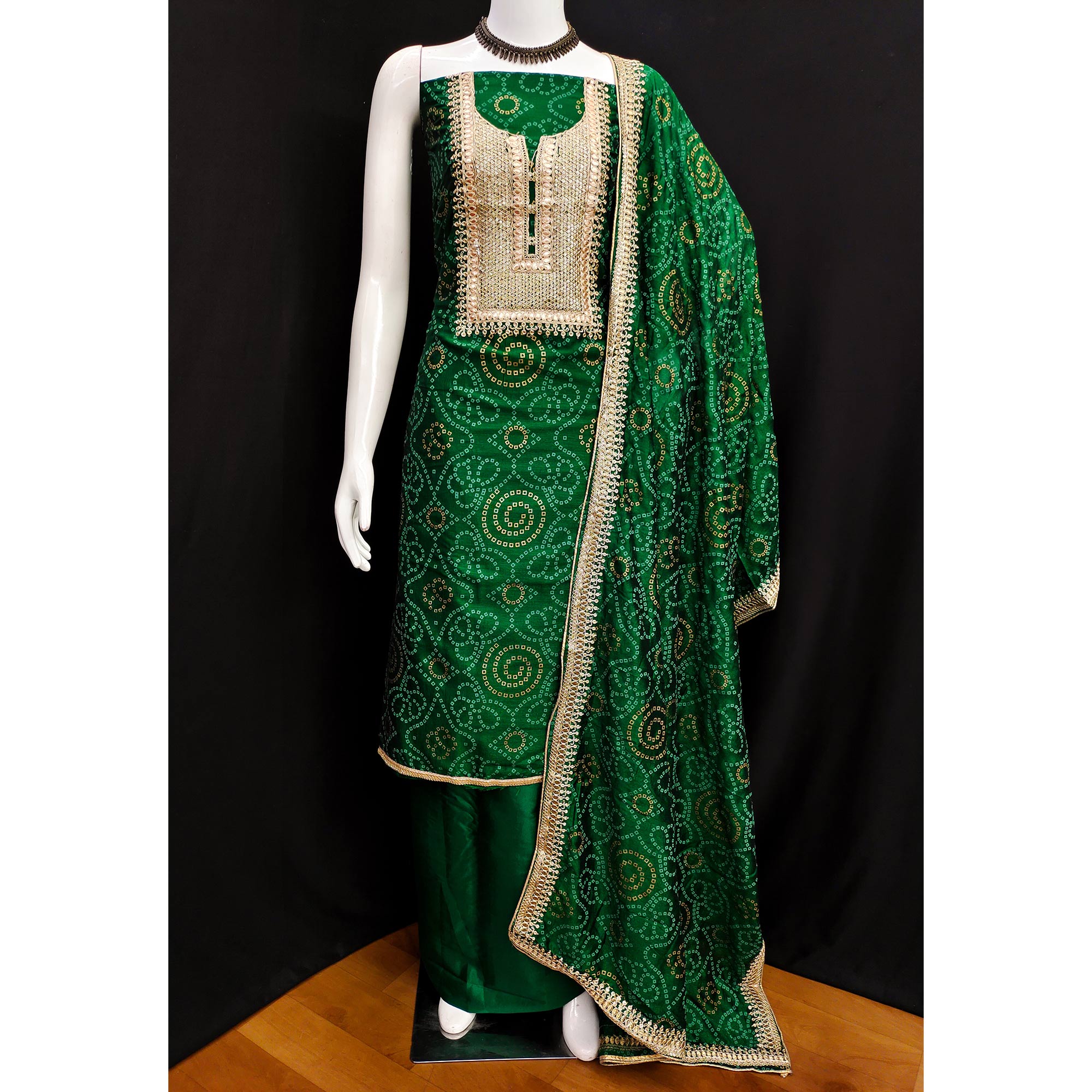 Green Printed With Embroidered Vichitra Silk Dress Material