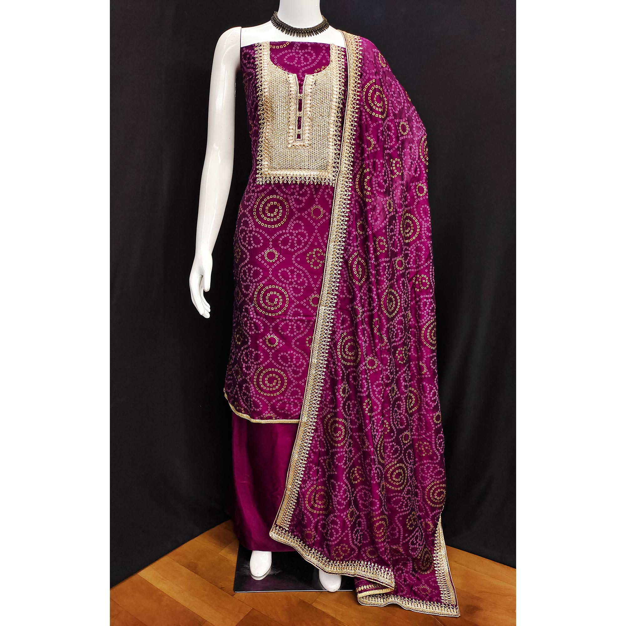 Wine Printed With Embroidered Vichitra Silk Dress Material