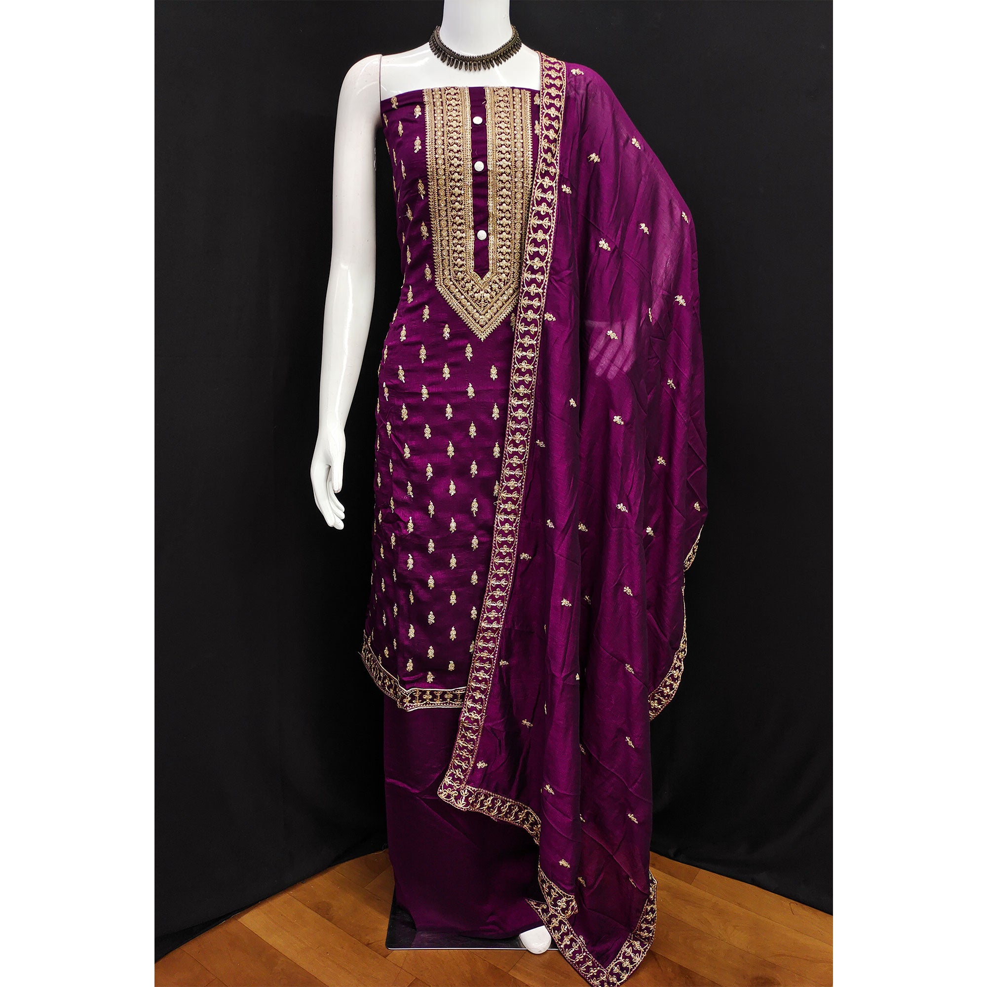 Wine Sequins Embroidered Vichitra Silk Dress Material