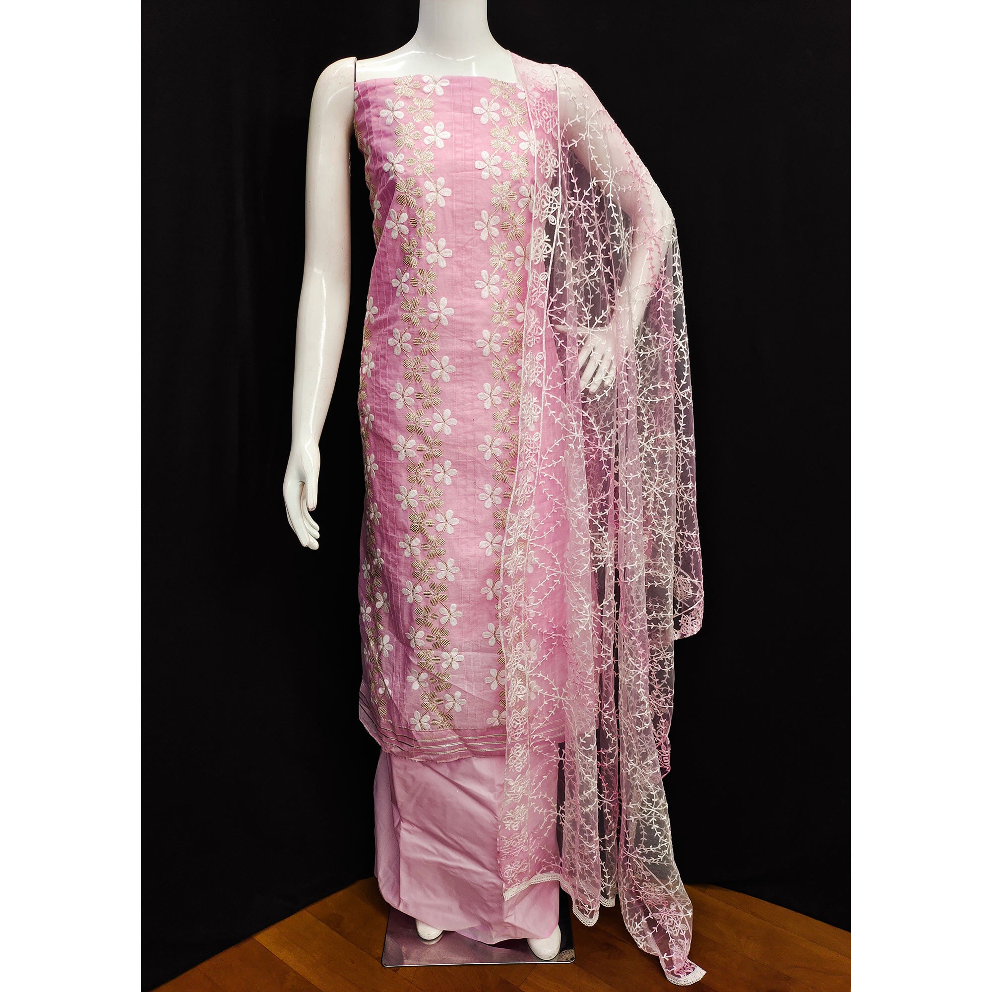 Pink Floral Embroidered Chanderi Dress Material